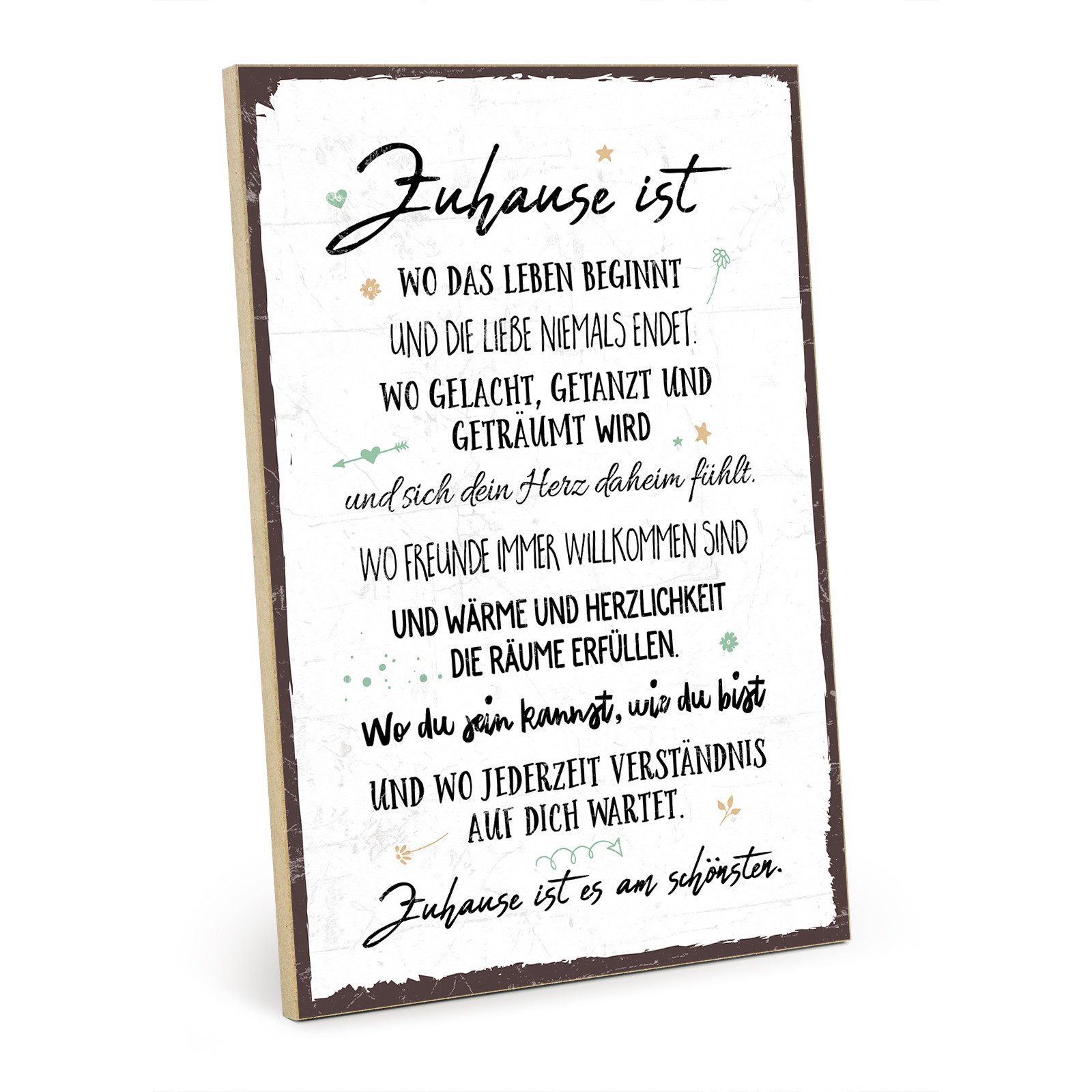 TypeStoff Holzbild Holzschild mit Spruch – Zuhause ist es am schönsten, Zuhause