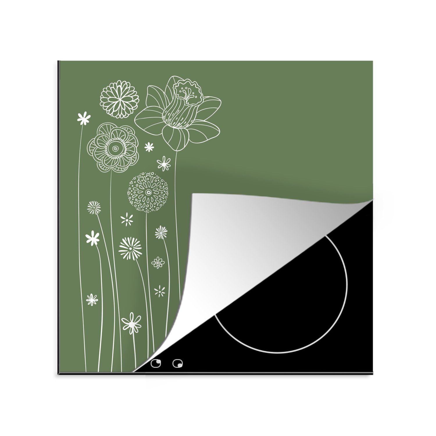 MuchoWow Herdblende-/Abdeckplatte Illustration eines Blumenmusters in Grün, Vinyl, (1 tlg), 78x78 cm, Ceranfeldabdeckung, Arbeitsplatte für küche