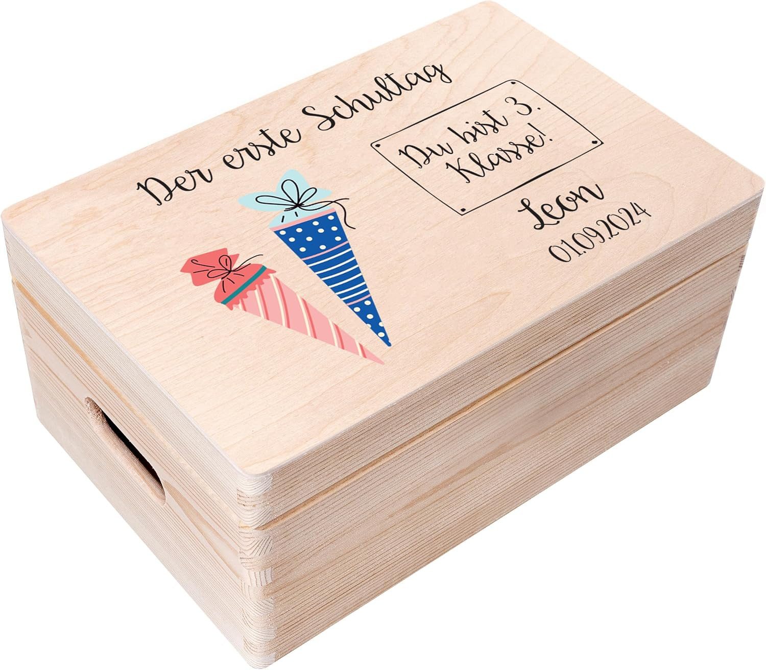 Holzkiste Einschulung Geschenk Junge Mädchen Schulanfang, Natur 30 x 20 x 14 cm