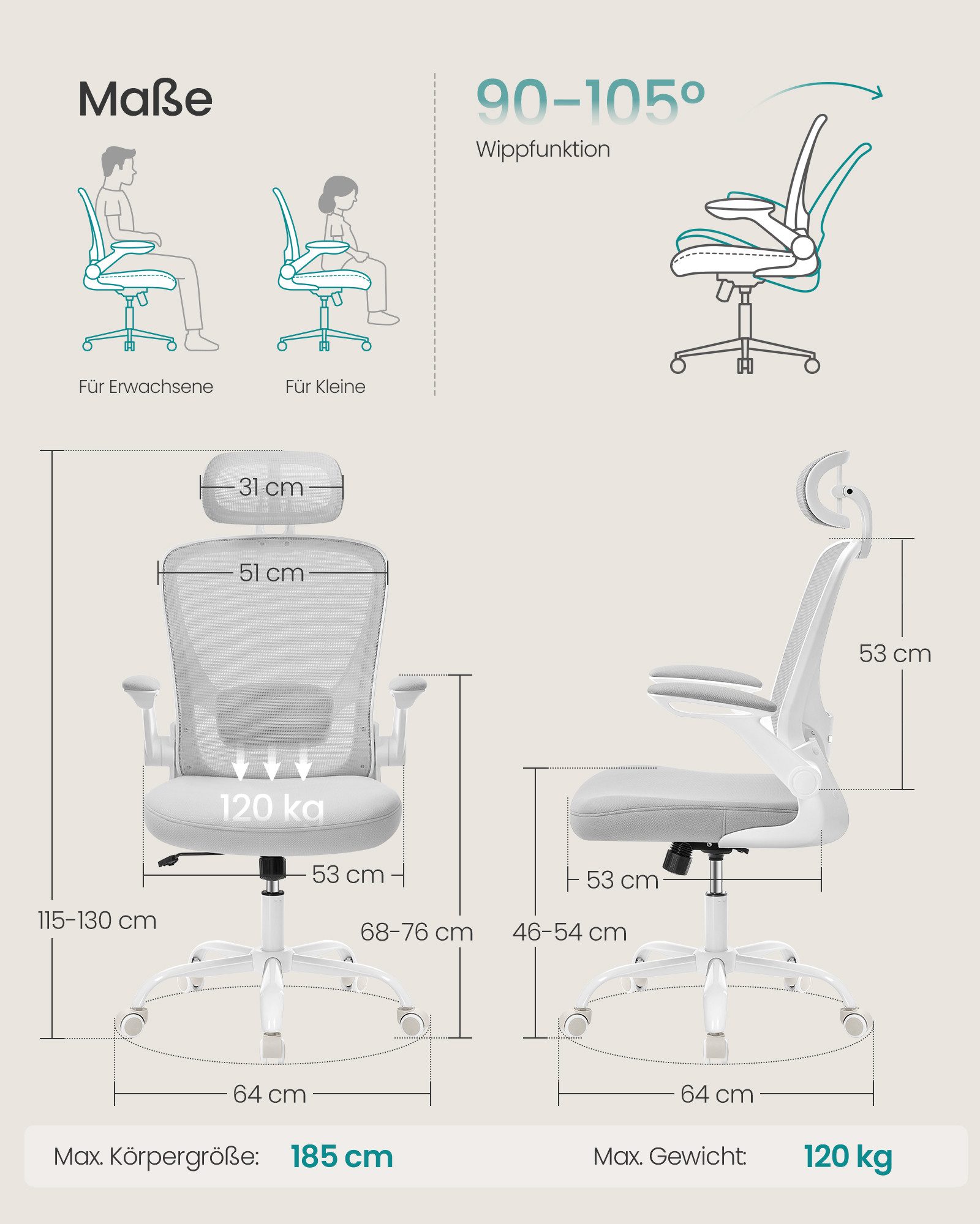 SONGMICS Bürostuhl ergonomischer Drehstuhl mit Mesh, Lendenstütze, Wippfunktion, mit Kopfstütze, 53 cm breite Sitzfläche und klappbaren Armlehnen