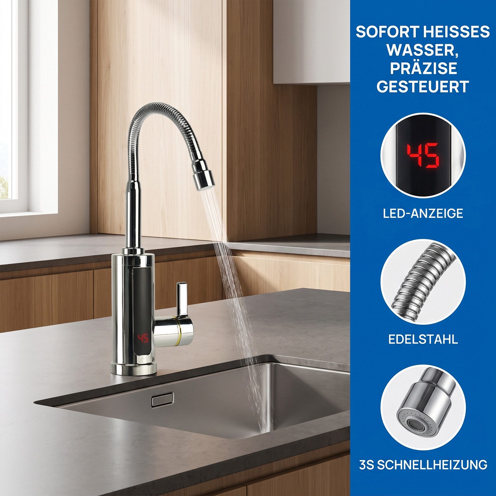 AKKEE Küchenarmatur Elektrischer Wasserhahn mit Durchlauferhitzer 360° Drehbarer LED Edelstahl Wasserhahn Küche LED Temperaturanzeige, Schnelles Aufheizen – Bild 5 von 5