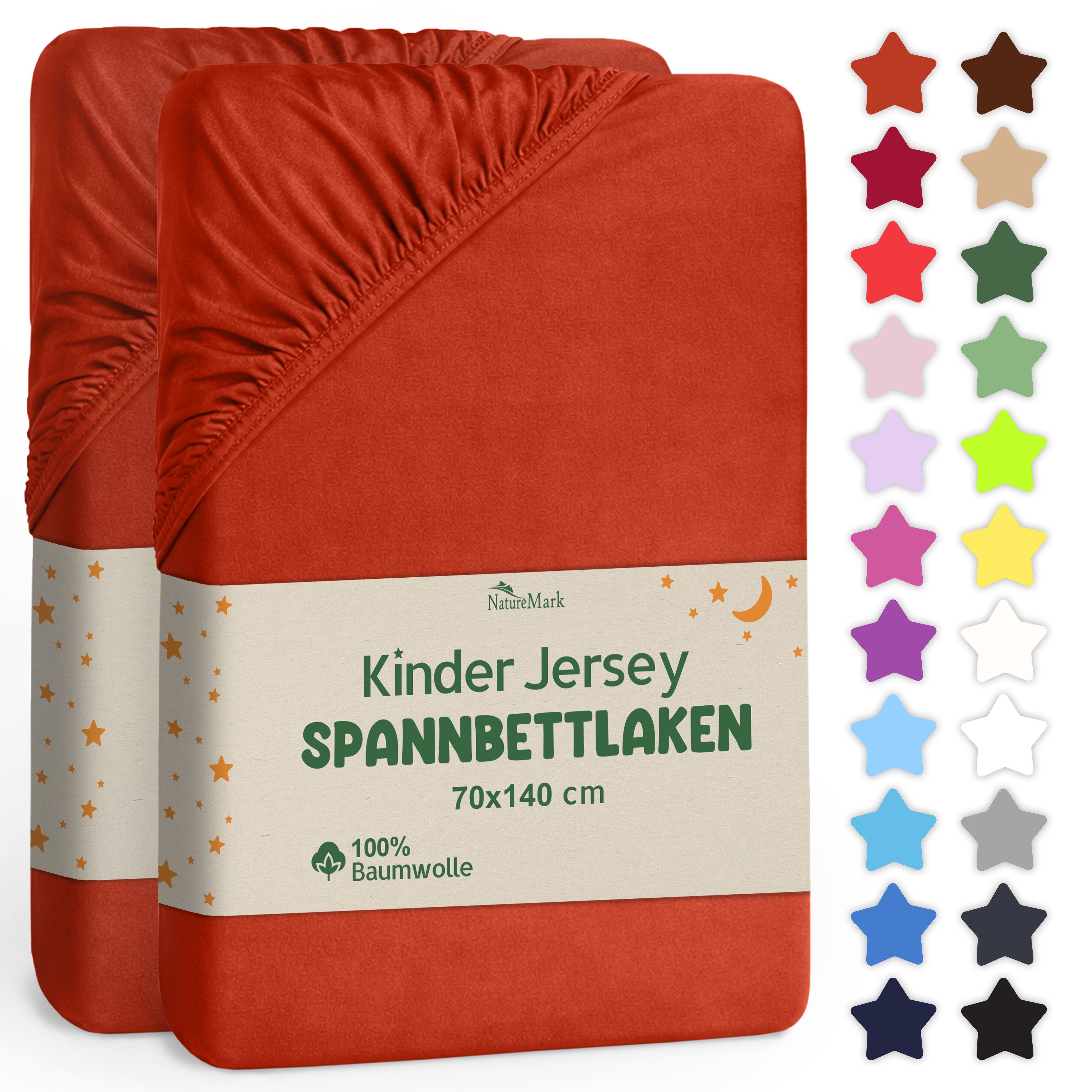NatureMark Spannbettlaken Jersey Spannbetttuch, 100% Baumwolle, Gummizug: rundum, (2 Stück), Kinder Spannbetttuch, für Baby-/Kinderbett, 70x140 cm, Rost rot von NatureMark