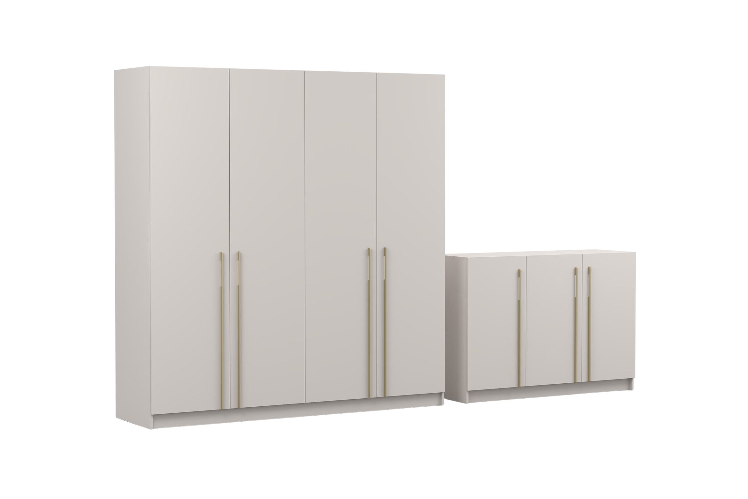 Deine Möbel 24 Schlafzimmer-Set C MIRELO mit 4- oder 6-türigem Kleiderschrank & 3-türiger Kommode, (ideal für Schlafzimmer, Ankleiderzimmer & Flur, 2-tlg., Kleiderschrank 200 cm 4-türig oder 230 cm 6-türig & Kommode 134 cm), Möbel-Set in Weiß matt oder Kaschmir, goldfarbene Griffe
