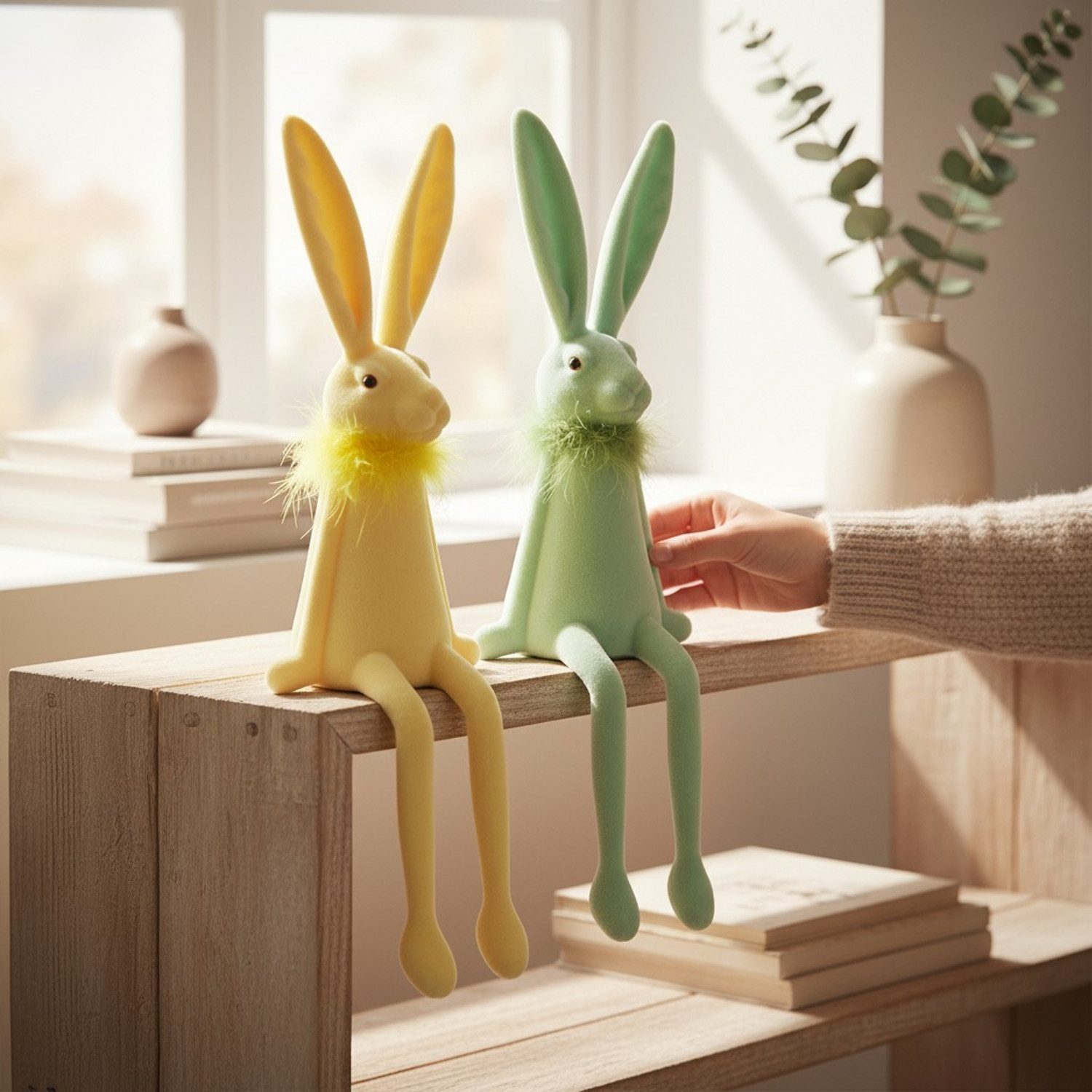 Macosa Home Kantenhocker Osterhase Kunststoff beflockt Grün od. Gelb 37 cm (Dekofigur Ostern Dekoration, 1 St., Osterdekoration Figur Dekohase), Dekohase Hase Skulptur Osterdeko