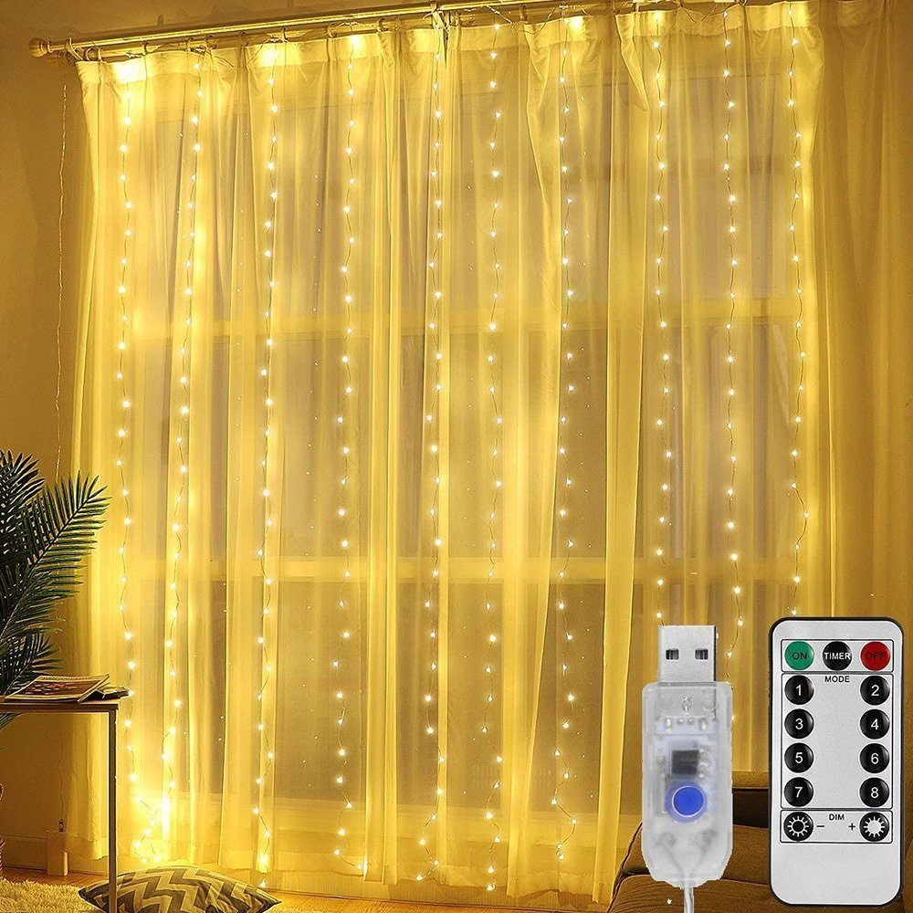 MUPOO LED-Lichterkette Vorhang-Lichterkette 300LED USB Timer LED Dekolicht LED-Vorhangleuchte, Led Vorhangbeleuchtung IP65,3X3M,Fernbedienung, Musikmodus/8 Modi Warmes Weiß