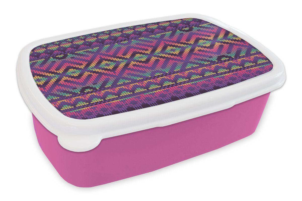- rosa Regenbogen, Kunststoff, Brotbox Muster MuchoWow Mädchen, Brotdose (2-tlg), Stricken Lunchbox - Snackbox, für Kinder, Kunststoff Erwachsene,
