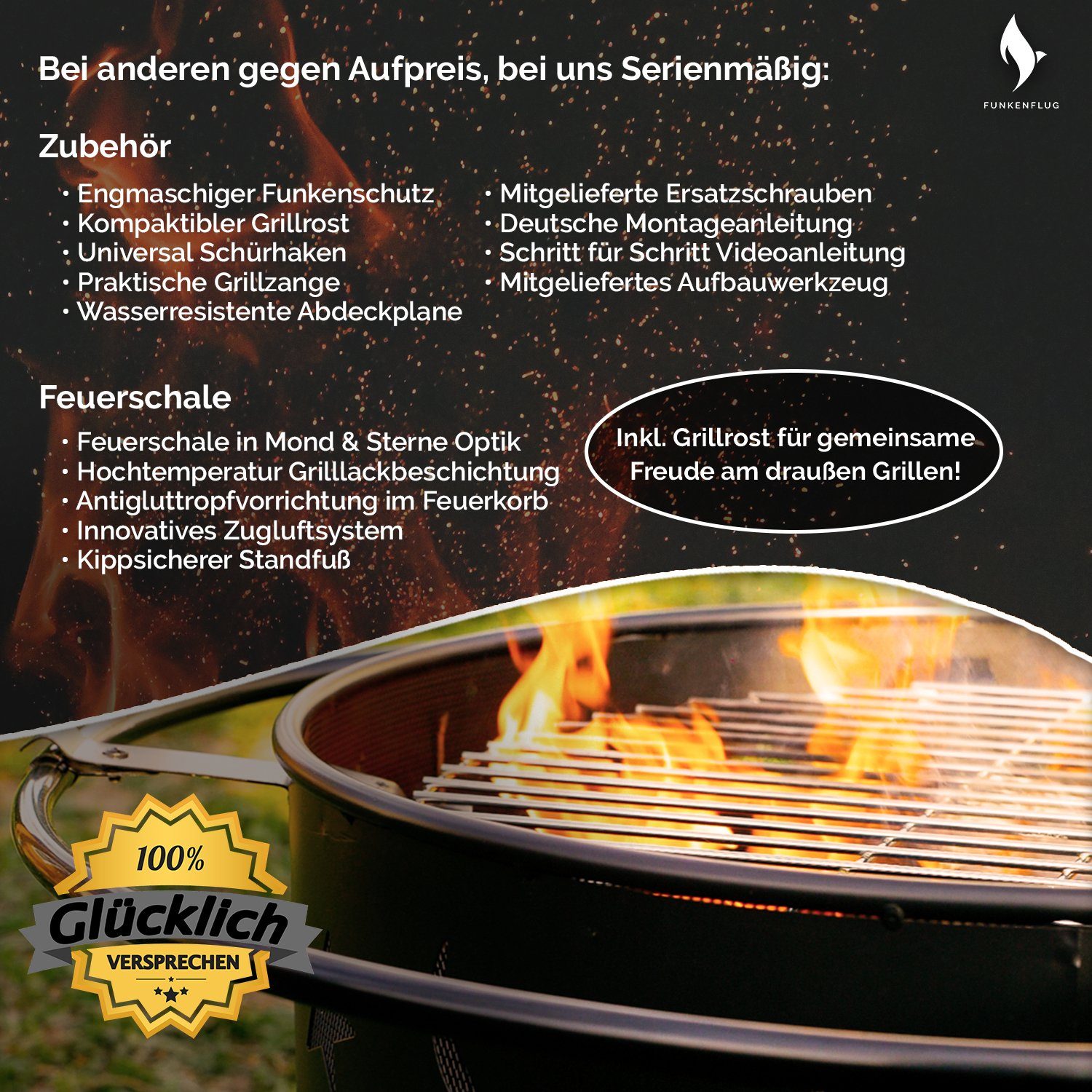 - Funkenflug Ambiente Grill für Optik, Feuerstelle Feuerschale Feuerschale - mit Grillzubehör, Abdeckhaube), Sterne geselliges atemberaubender inkl. mit (Feuerschale & und in Grillrost Funkenschutz Mond Feuerkorb