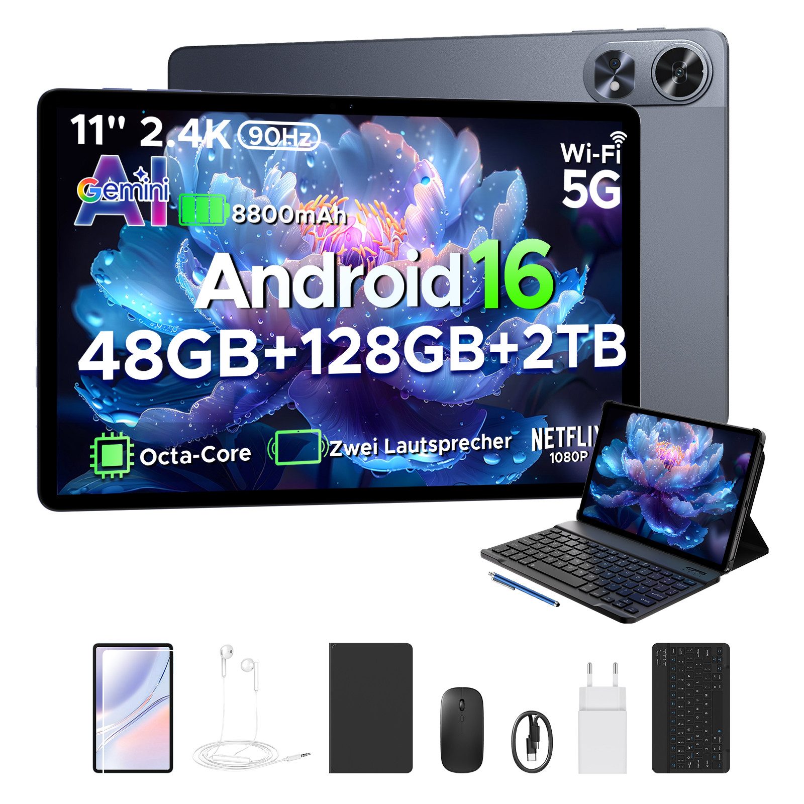 POCKAM P11 Pro Android 16 Tablet, 11" FHD+ 90Hz, 8800mAh, 18W Fast Charge Tablet (11", 128 GB, Android 16, WIFI, mit Tastatur, Stift & Maus, Gemini AI, Widevine L1, Face ID, GPS, OTG)