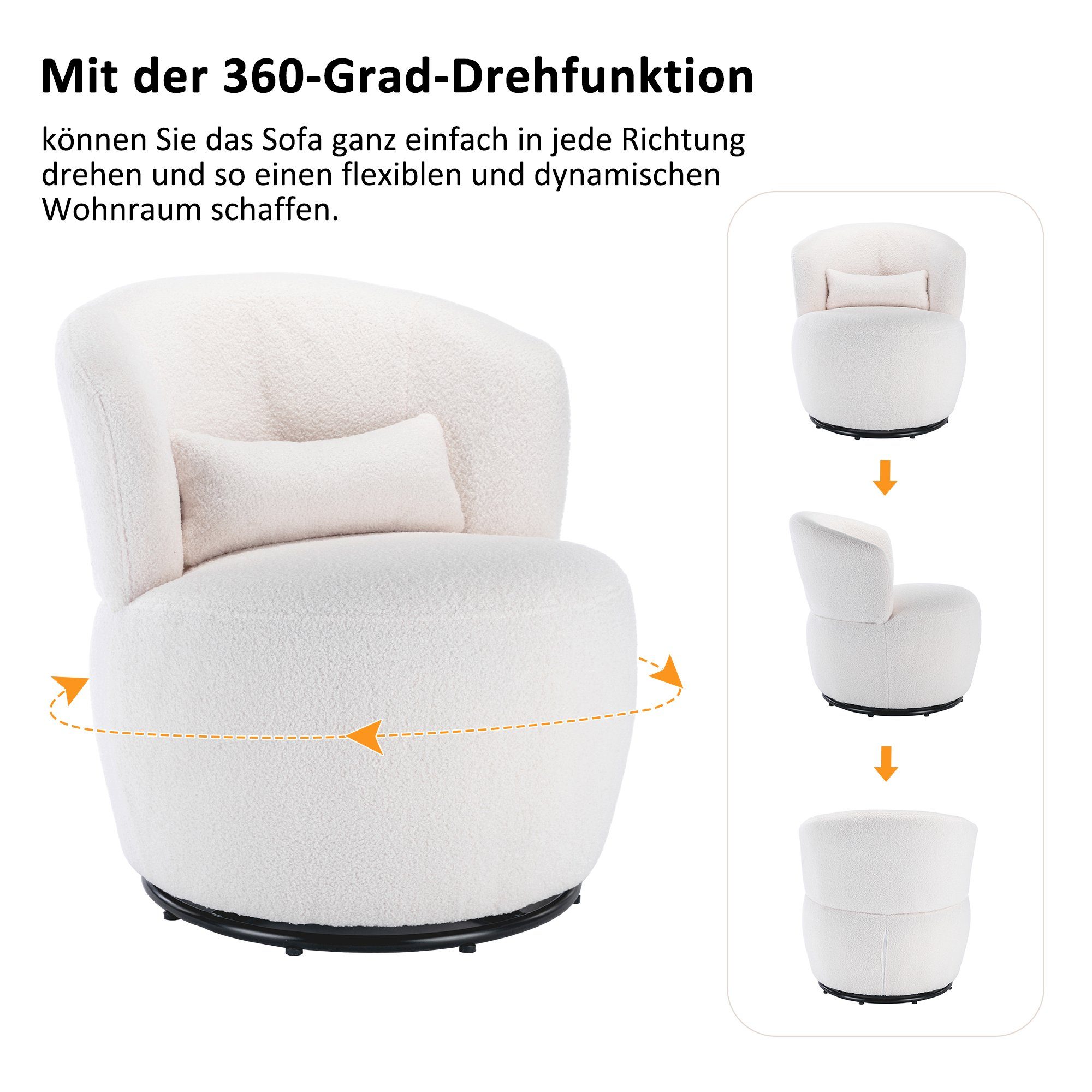 OKWISH Drehsessel Teddy Plüsch-Drehstuhl (Belastbar mit drehbarem Metallfuß), Integrierte Lendenwirbelstütze