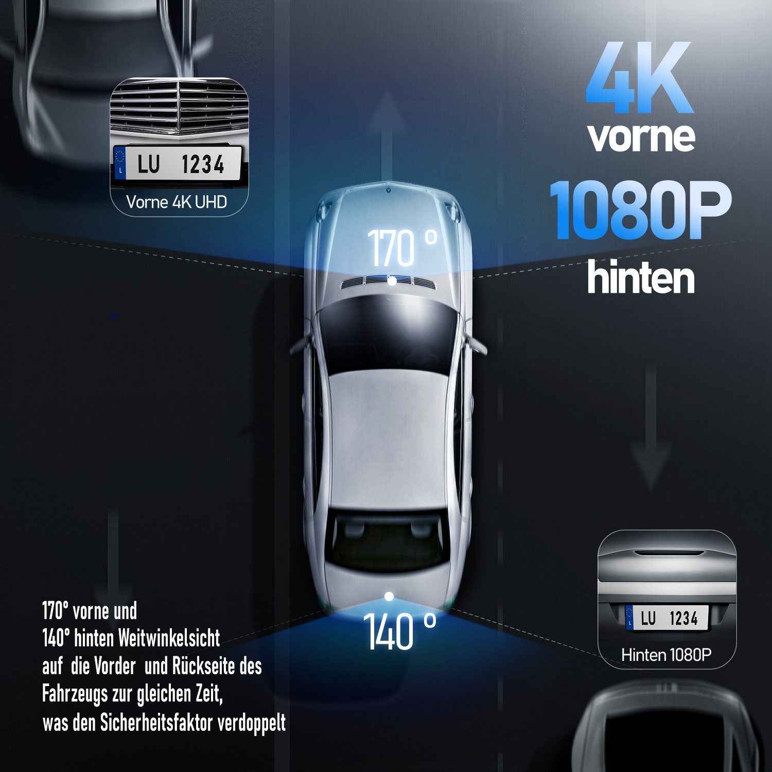 OYLCDI Dashcam Auto,2-Kanal 4K+1080P Autokamera,Mit GPS 3.16 Zoll-Bildschirm Dashcam (WLAN (Wi-Fi), Zeitrafermodus, App-Steuerung Autokamera,140°Ultraweitwinkel, Super Nachtsicht, Autokamera,G-Sensor, Loop-Aufnahme,WDR)