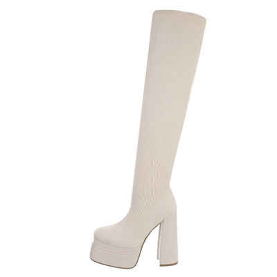 Ital-Design Damen Party & Clubwear Overkneestiefel Blockabsatz High-Heel Stiefel in Beige