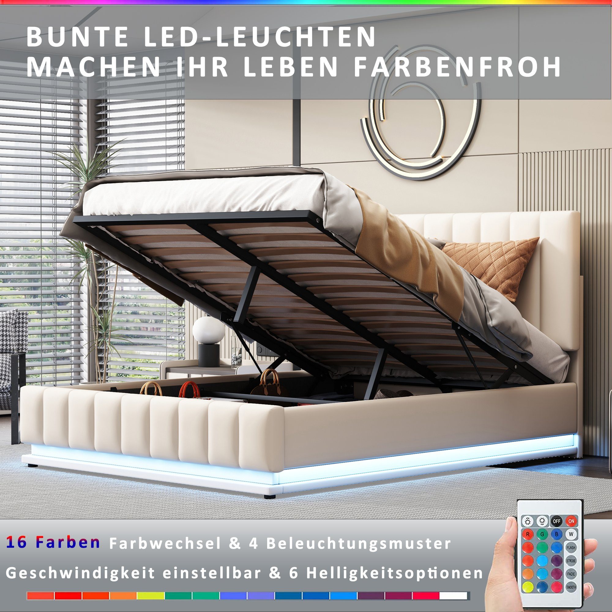 Boxspringbett (LED Hydraulisches Bett mit Bettkasten und Lattenrost), Polsterbett Stauraumbett 140x200 cm, Kunstleder