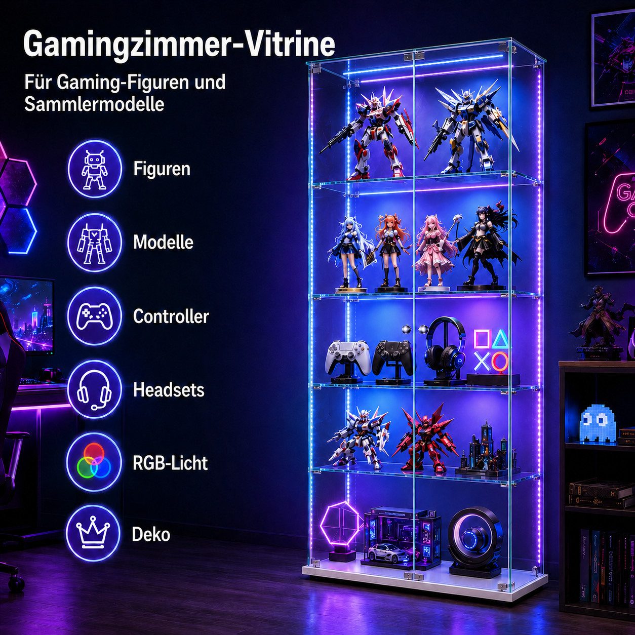 Simurq Glasvitrine Standvitrine mit LED und 2 Glastüren, Vitrinenschrank Glas (4 Ebenen(78,5x35x163 cm), 5 Ebenen(78,5x34,5x186,5 cm), Glasschrank mit 2 Türen,S – Bild 3 von 5