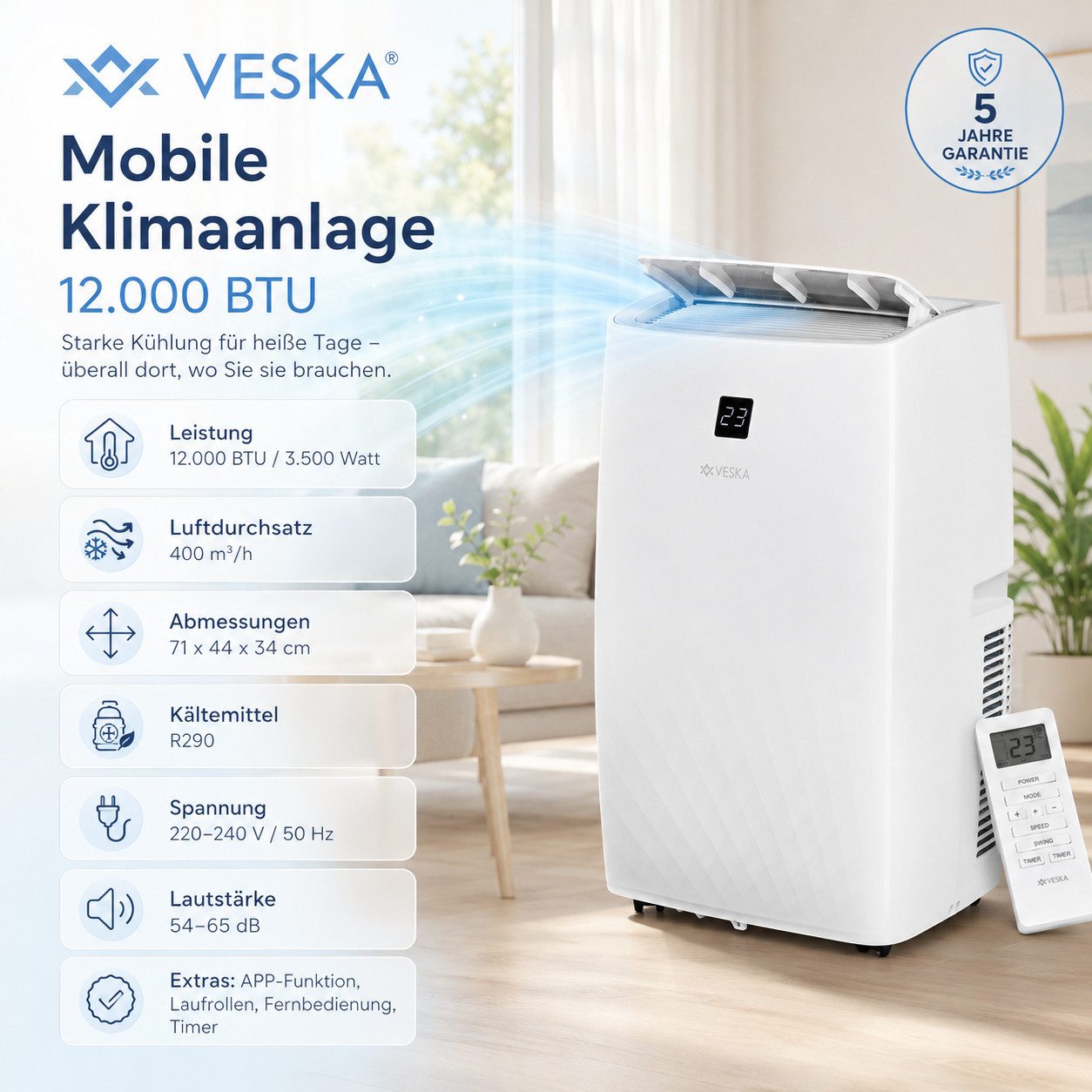 VESKA Klimagerät 4-in-1-Klimagerät 12000 BTU Mobile Klimaanlage Kühlgerät, Leise mit Fernbedienung, Timer, Digitaldisplay, Abluftschlauch
