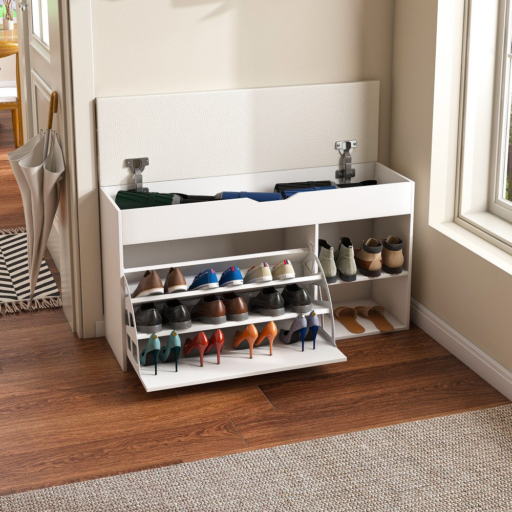 BBWL Schuhbank 100cm mit Stauraum Klappdeckel verstecktes Fach MDF PU Sitzkissen Weiß, Flurbank modernes Design Eingangsbereich Sitzbank robust 100kg
