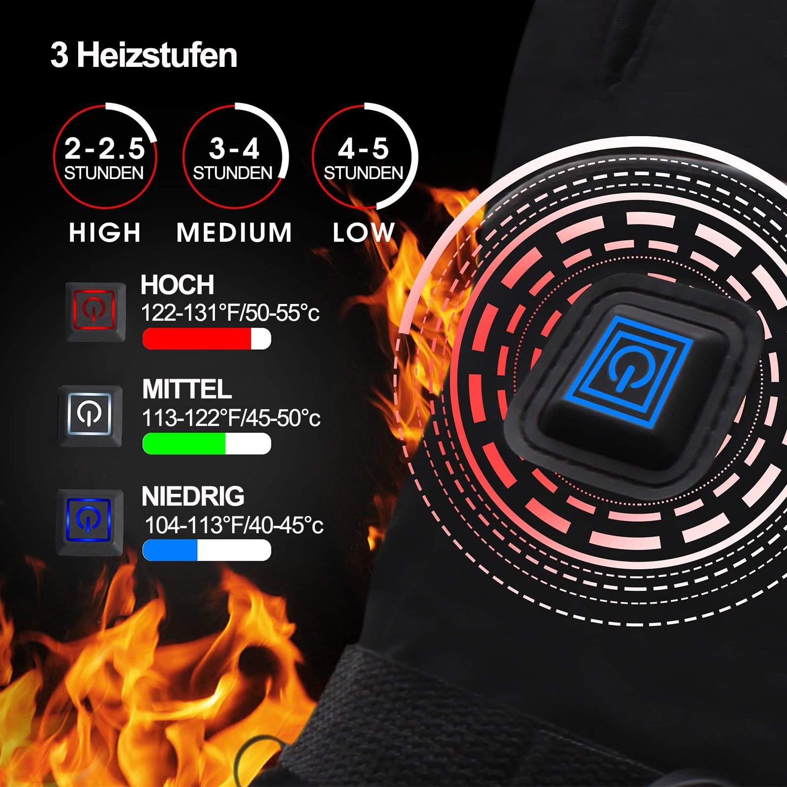 BTTO Hsch. Fahrradhandschuhe Winter Handschuhe Beheizte 3AA-Batterie Touchscreen-Handschuhe Sporthandschuhe 3 Temperatur Thermo Handschuhe für Damen&Herren