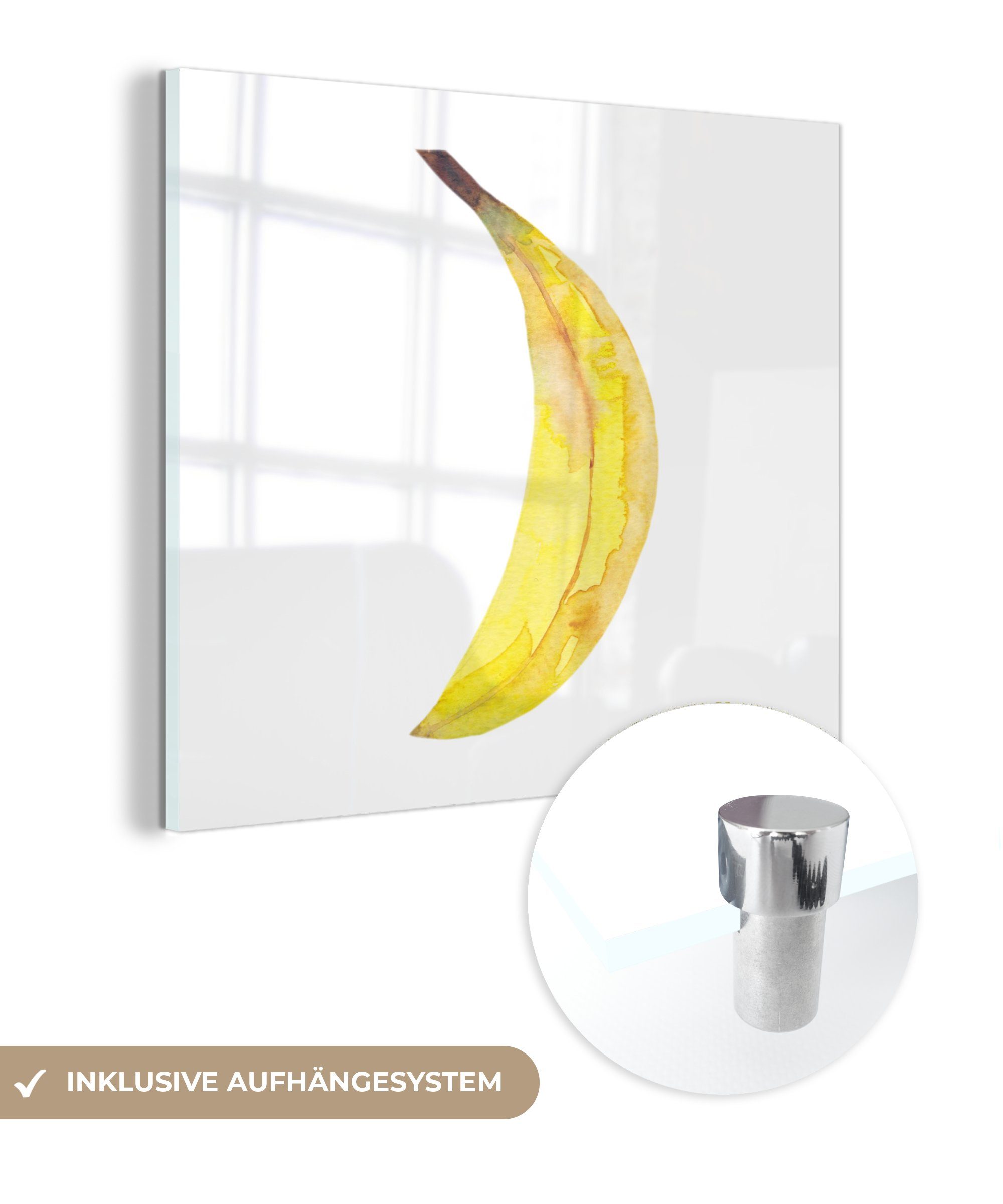 MuchoWow Acrylglasbild Banane - Aquarell - Weiß, (1 St), Glasbilder - Bilder auf Glas Wandbild - Foto auf Glas - Wanddekoration
