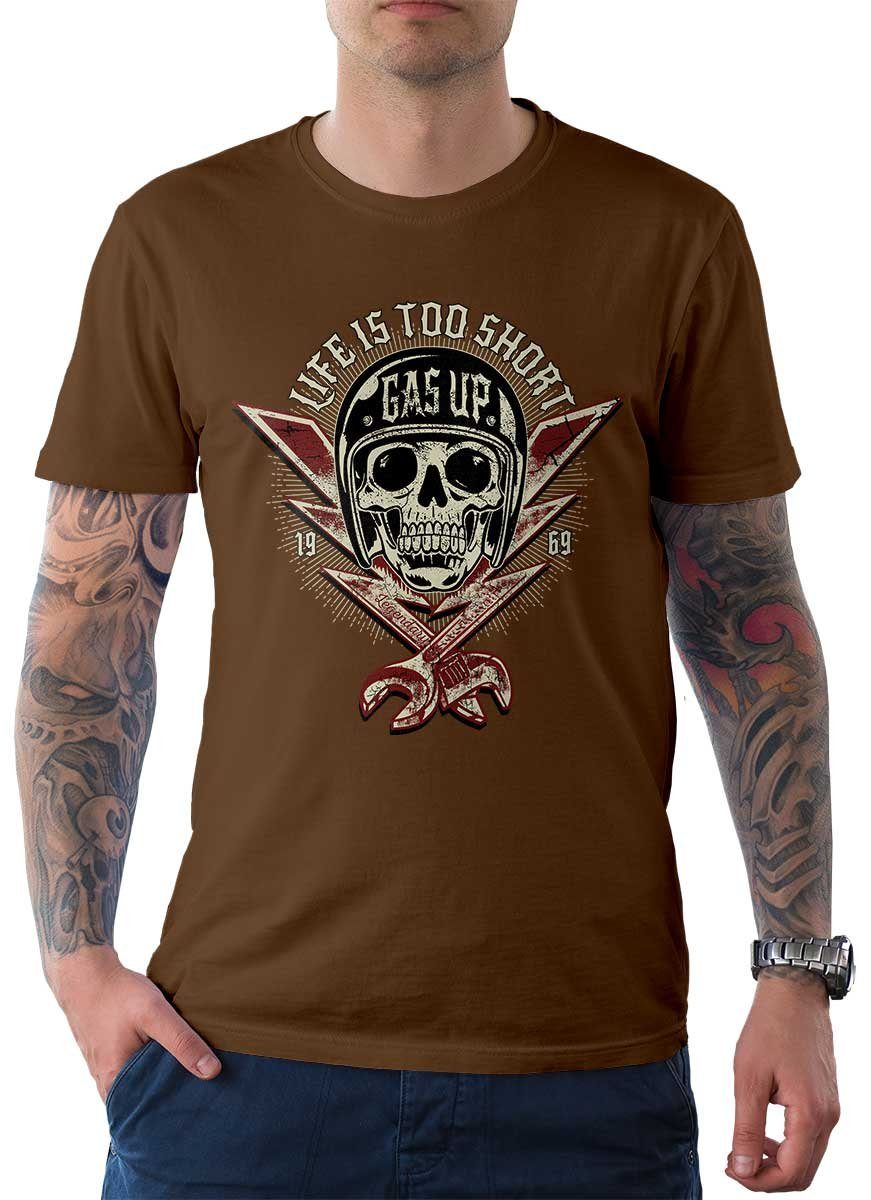Rebel On Wheels T-Shirt Herren T-Shirt Tee Gas Up mit Biker / Motorrad Motiv Braun