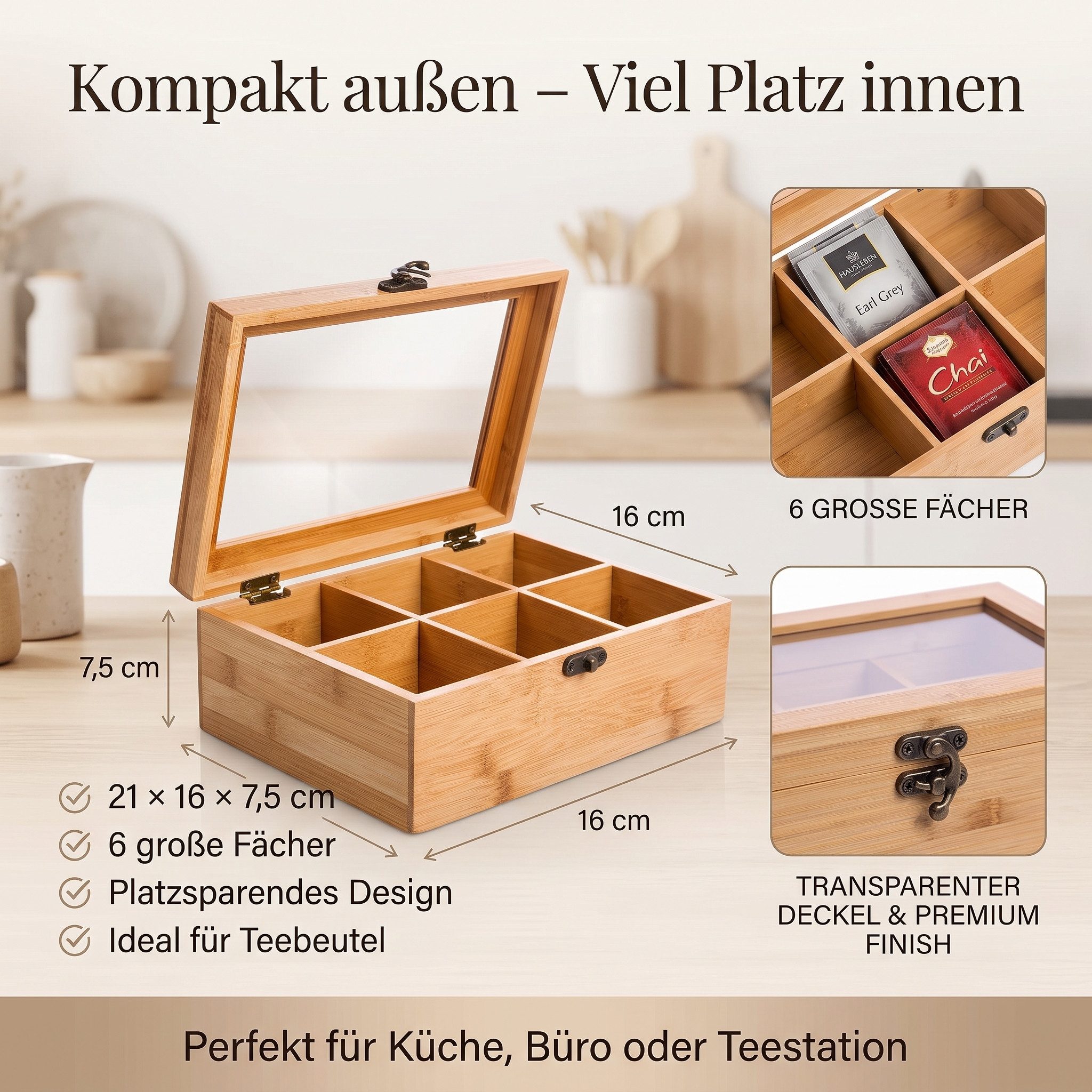 hausleben Teebox Tee Organizer,Aufbewahrungsbox,kompakte Teedose für Küche, 21x16x7,5cm, (Packung, 1-tlg., 6 Fächer für Teebeutel), aus Bambus mit transparentem Deckel