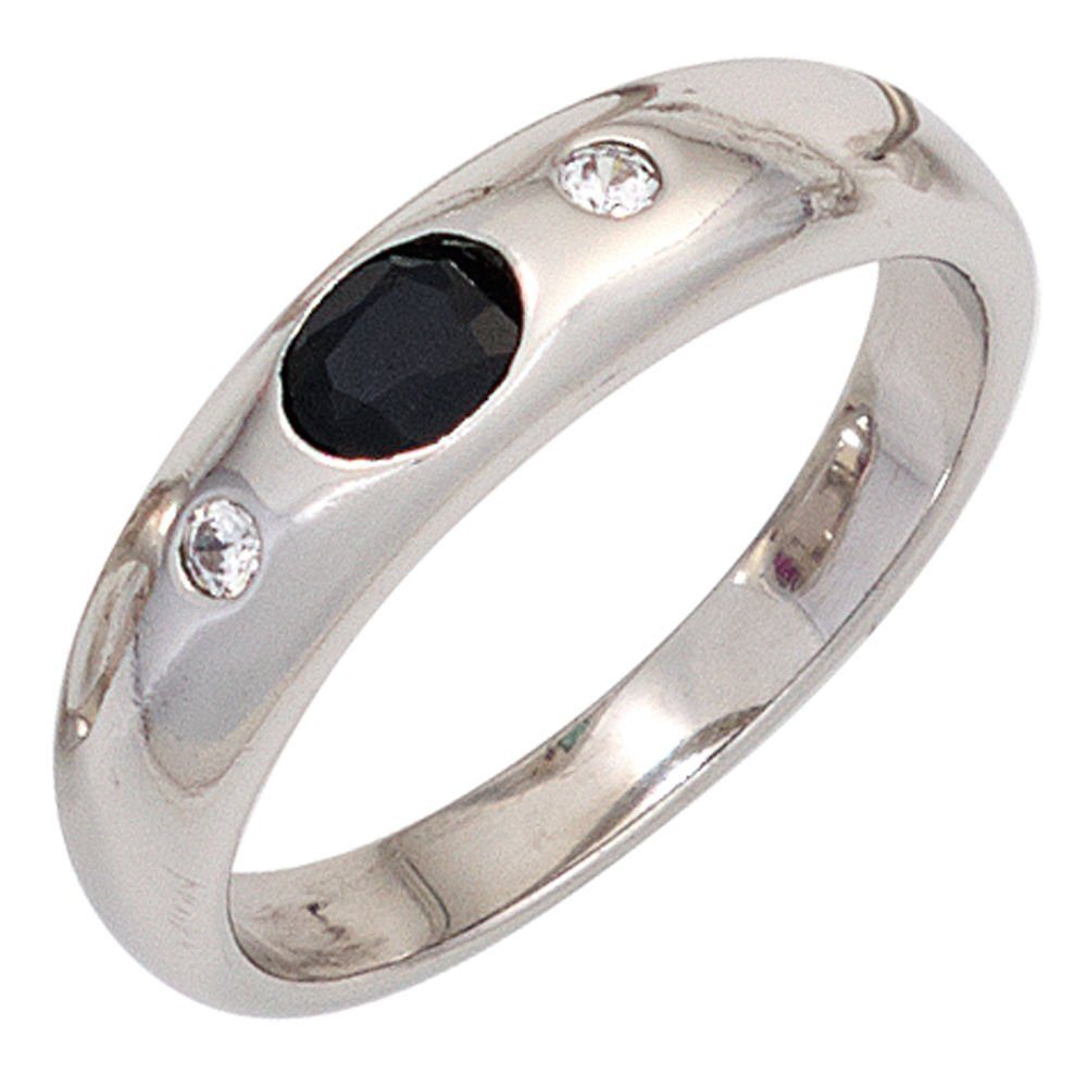 Schmuck Krone Silberring Ring Saphir blau oval, Zirkonia weiß, 925 Silber, Silber 925