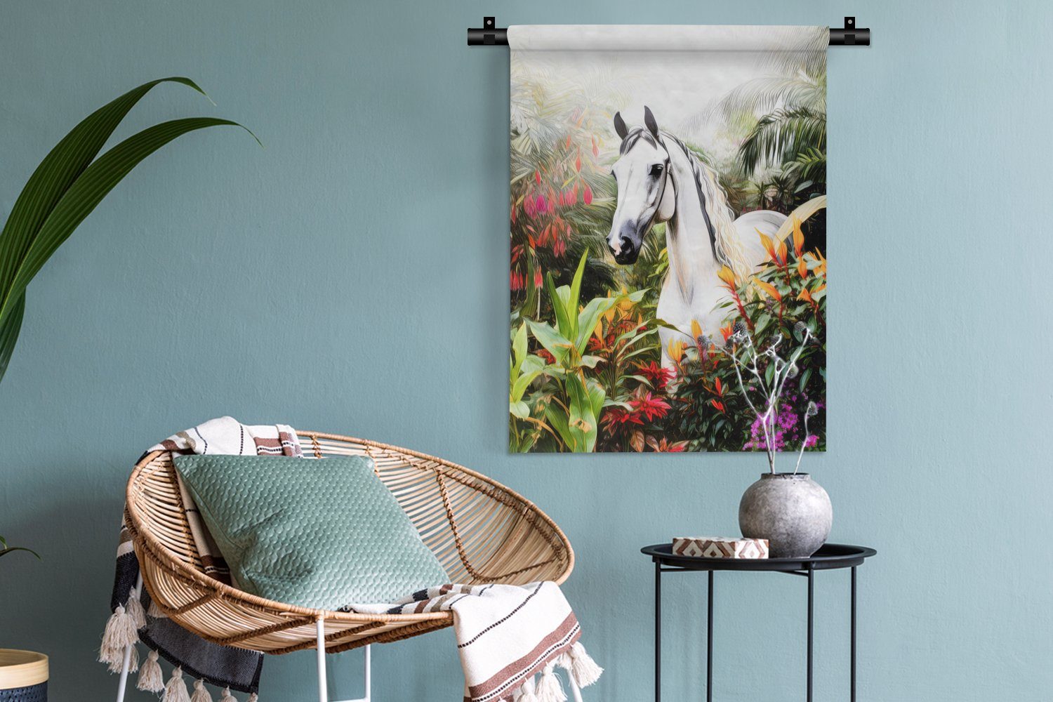 Deko Weiß Wald Wohnzimmer, für - Pferd - - der Wanddekoobjekt Schlafzimmer Tapisserie, - an MuchoWow Pflanzen, Wand, Blumen