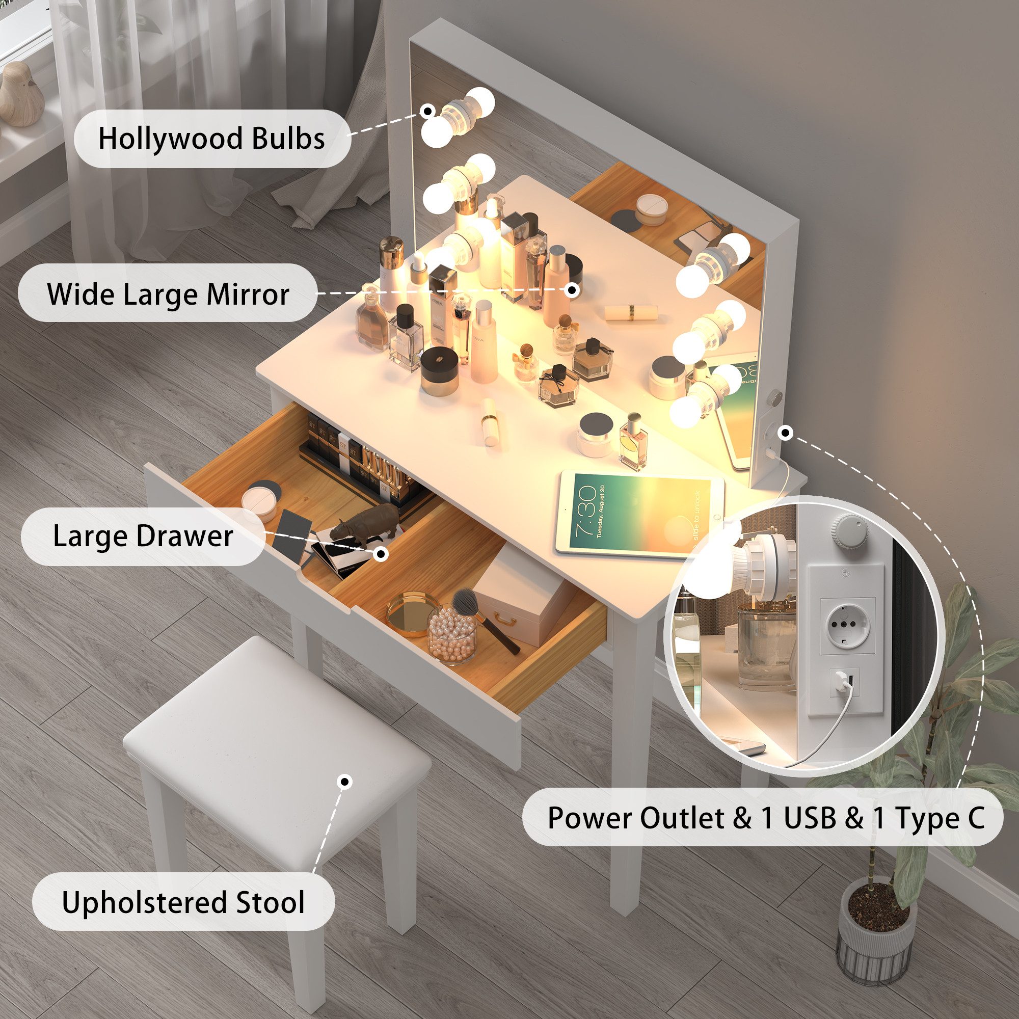 BlingBin Schminktisch Schminktisch mit LED-Spiegel und Hocker (1er Set, 1-St., Frisiertisch mit Spiegel und Hocker), Schminktisch-Set mit 6 Glühbirnen