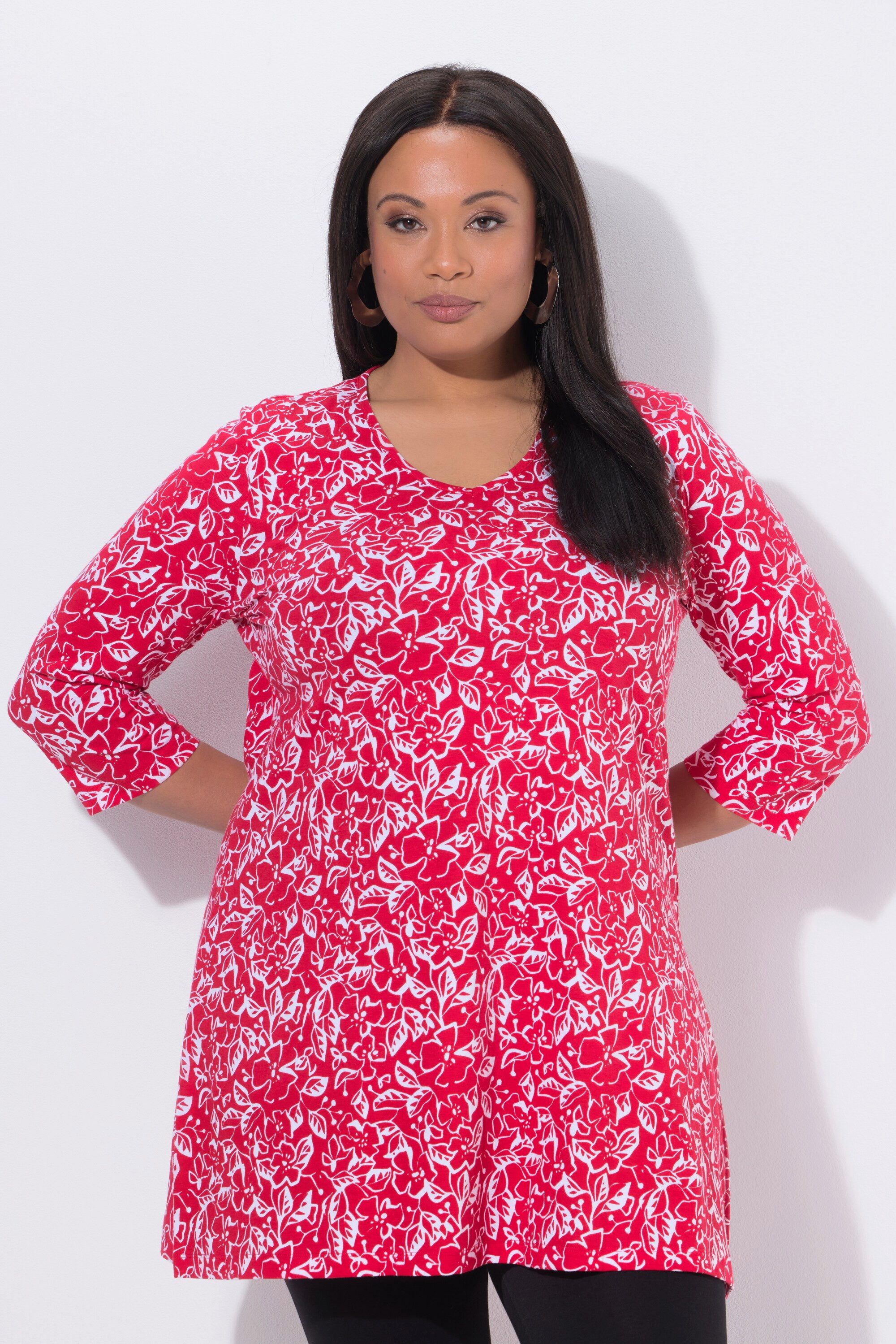 Ulla Popken Longshirt Longshirt Blüten A-Linie V-Ausschnitt 3/4-Arm günstig online kaufen