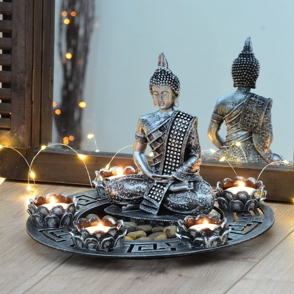 INtrenDU Buddhafigur Buddha Figur Dekoteller mit Teelichthaltern und Dekosteinen