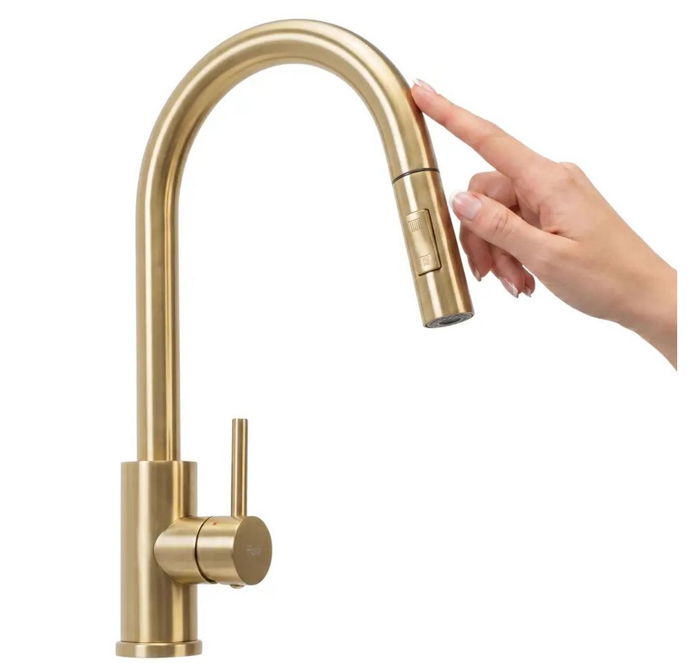 wohnwerk.idee Küchenarmatur Spültischarmatur ausziehbar mit Touch-Funktion Wasserhahn Küche aus robustem Messing, 360° schwenkbar, ausziehbare Brause