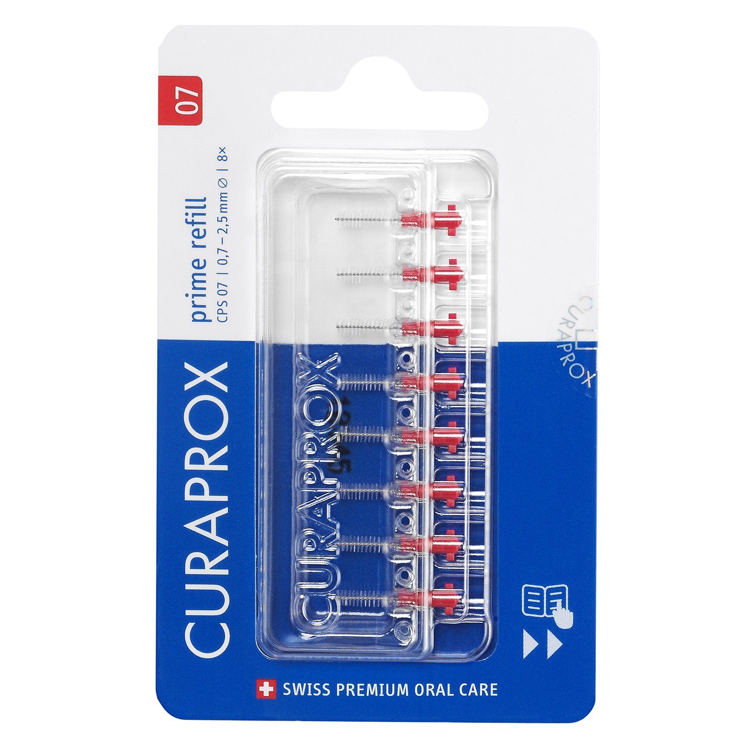 CURAPROX Interdentalbürsten Interdentalbürste CPS 07 prime, Refill, 8 Stück, 2.5 mm Wirksamkeit, rot, Nachfüllpackung, ohne Halter
