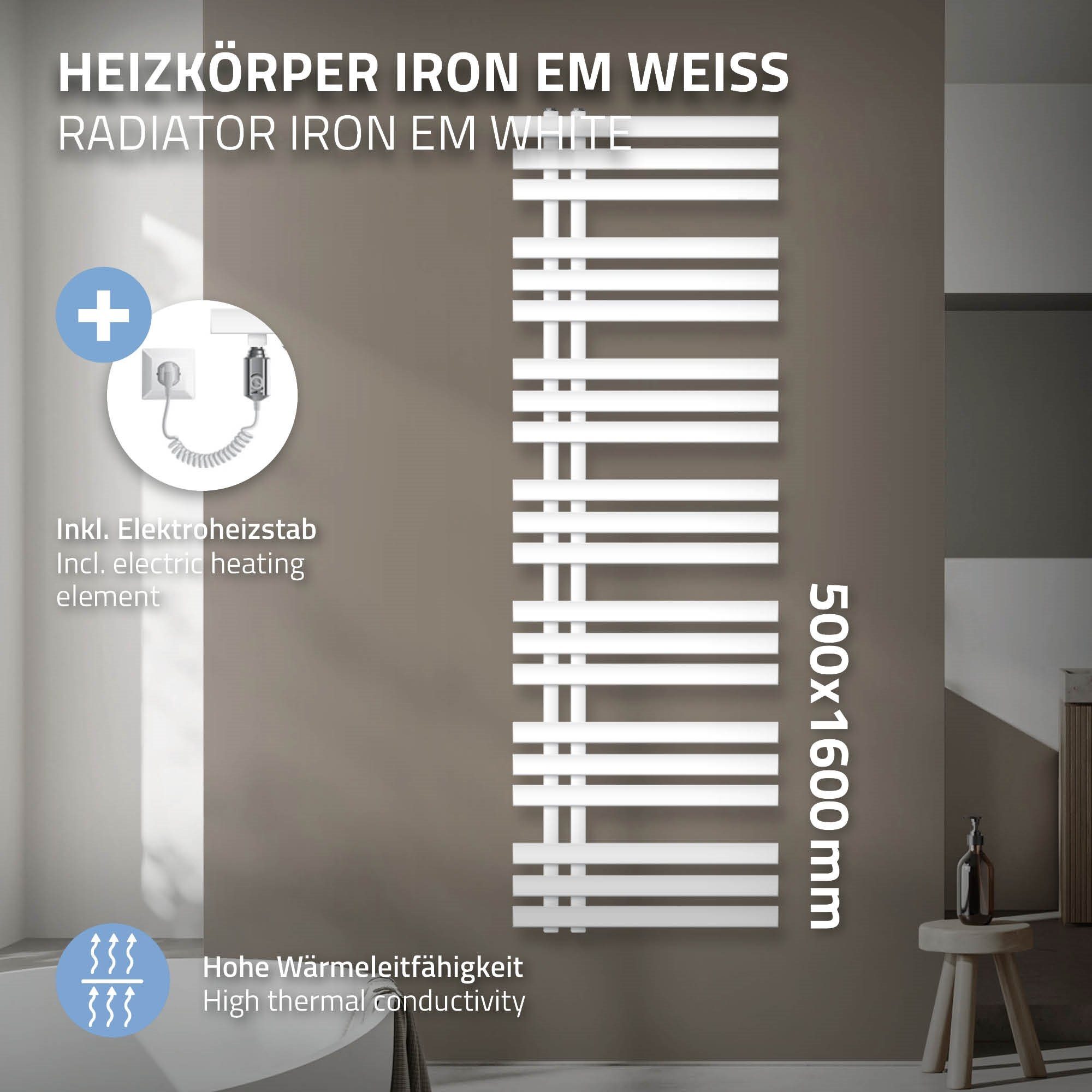 Handtuchwärmer, Iron Designheizkörper Badheizkörper Germany Heizstab EM 500x1600mm Weiß ECD 900W Elektrischer Paneelheizkörper -