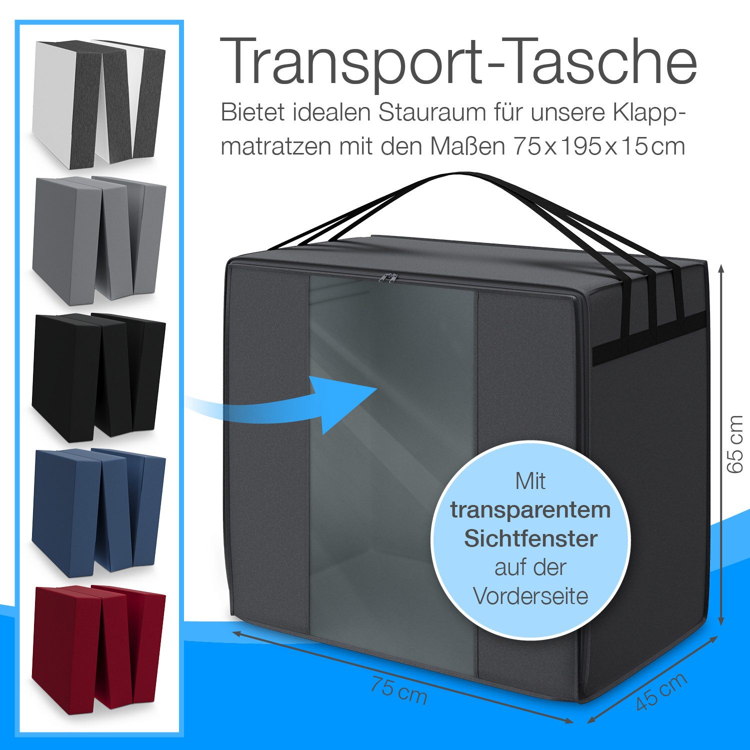 ELONEO Aufbewahrungstasche Transporttasche für Klappmatratze, 75x195cm, 90x200cm & weitere Größen (1-tlg), 3-Punkt-Tragegurte, wasserabweisend, hochwertiger Reißverschluss