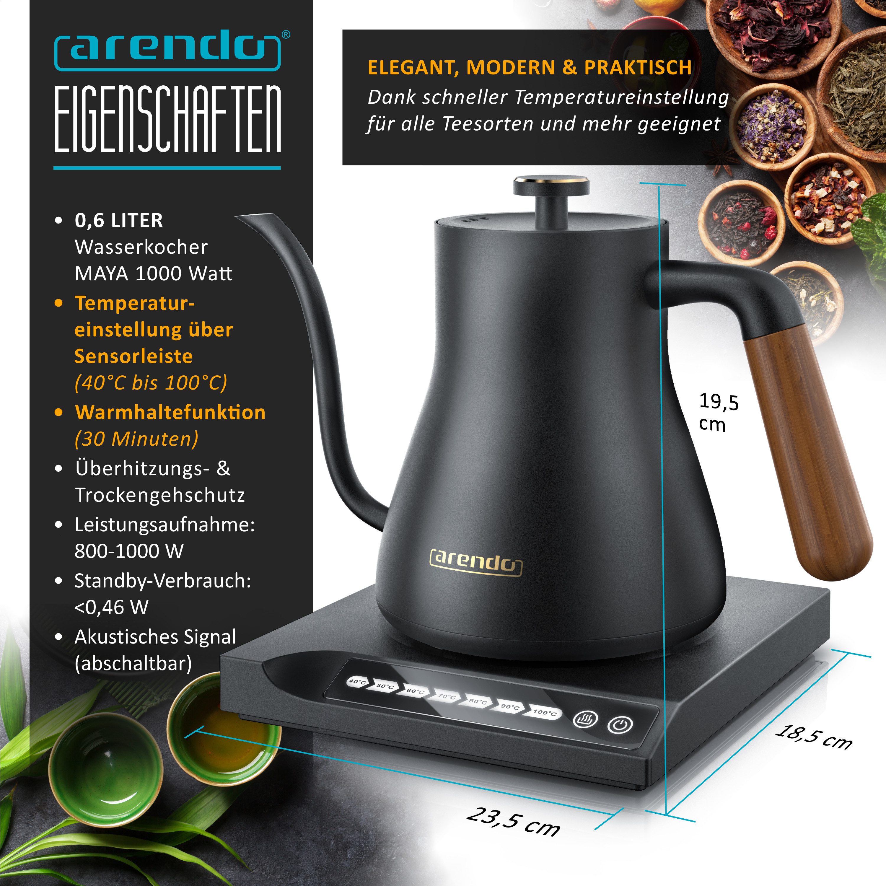 Arendo Wasserkocher aus Edelstahl, mit Temperatureinstellung, Griff aus Echt Holz, Retro, 0,5 l, 1000 W, Temperaturwahl 40° - 100°, Warmhaltefunktion 30 Min, Teekocher