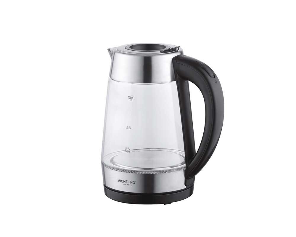 Michelino Wasserkocher Glaswasserkocher Glas-Kocher aus hochwertigem Borosilikatglas, 1,7 l, 2200,00 W, automatische Öffnung zur Wassereinfüllung
