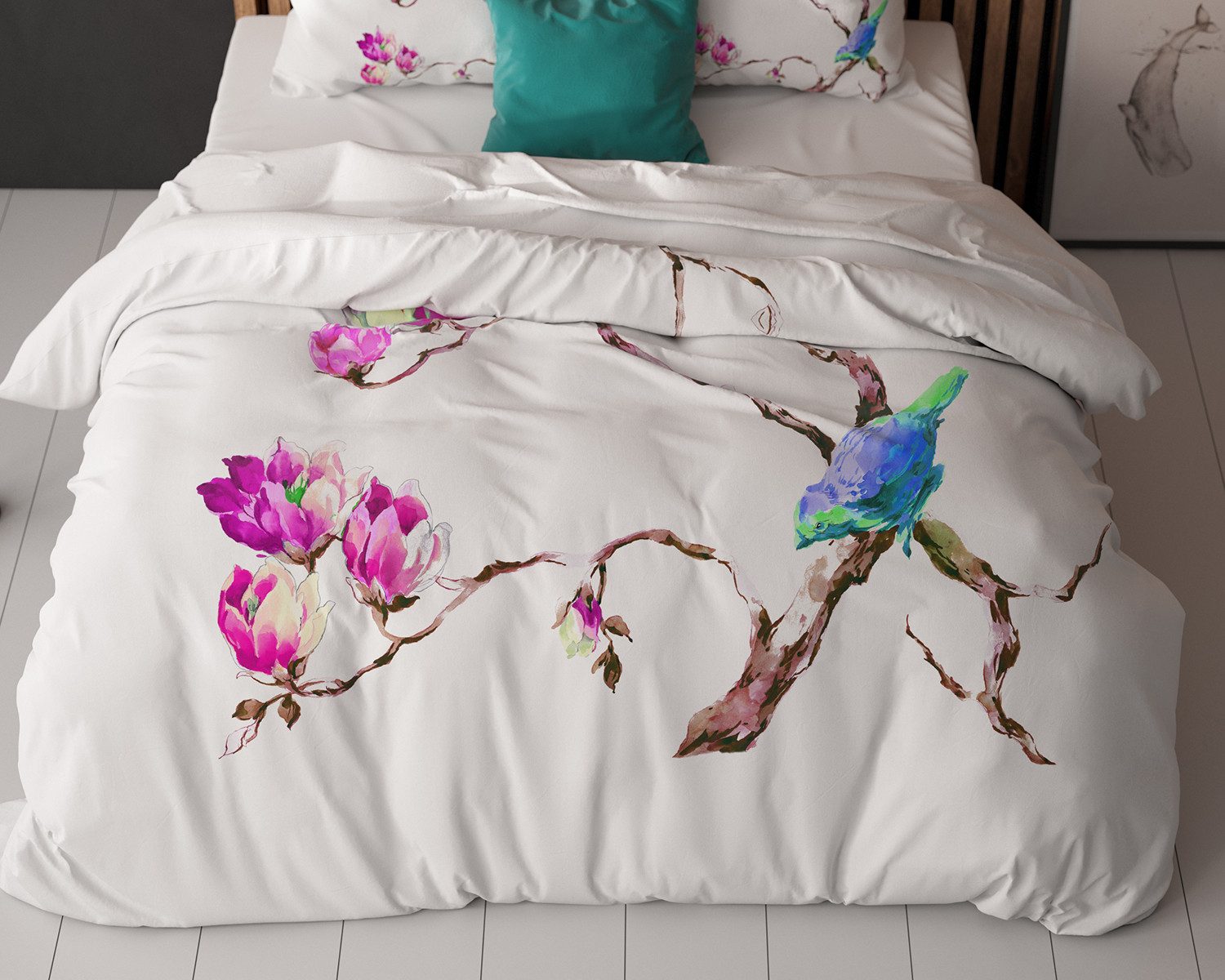 Sitheim-Europe Bettwäsche Magnolien Weiß Bettbezug, Mikrofaser, 2 teilig