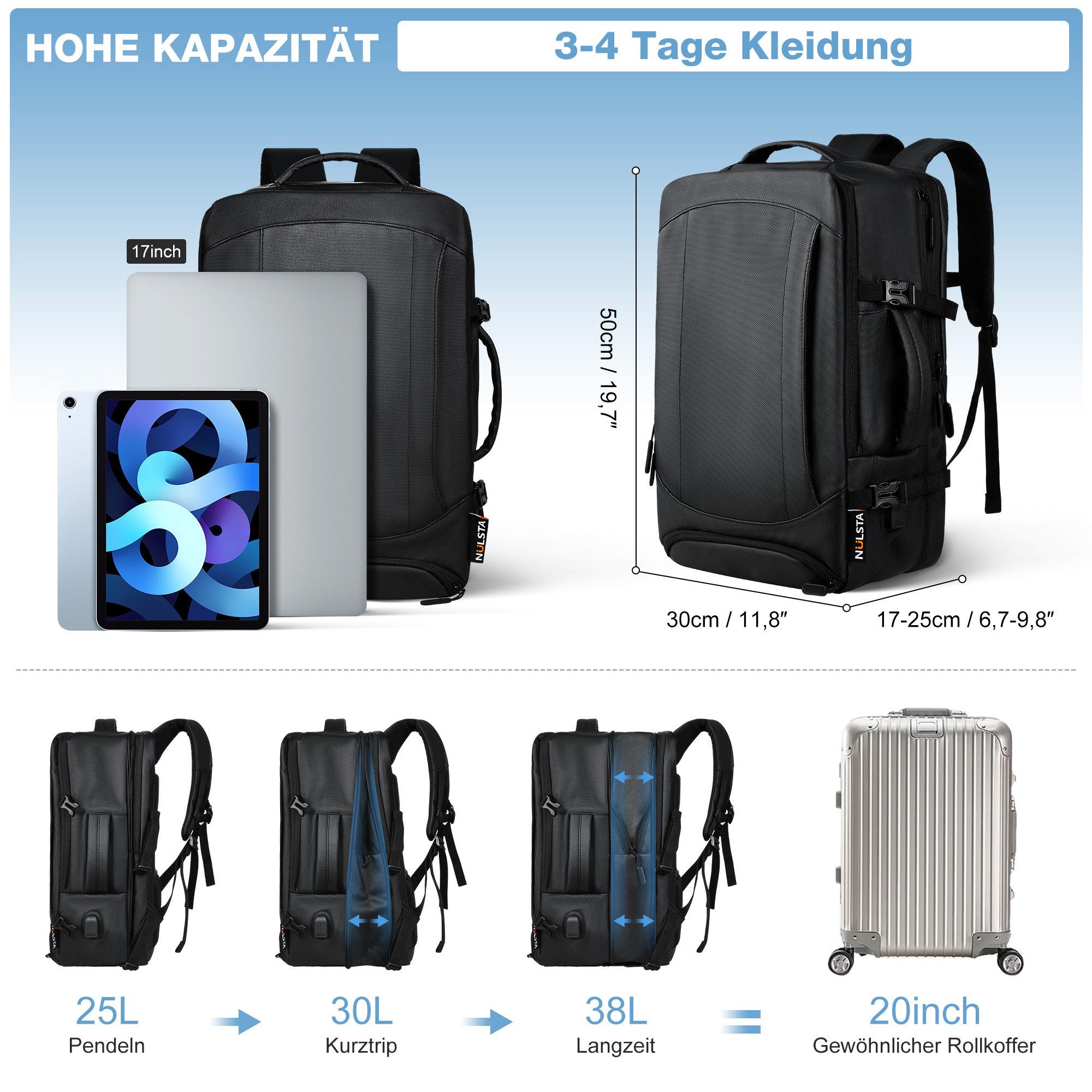 NULSTA Rucksack Reiserucksack 25-38L mit USB-Ladeanschluss günstig online kaufen