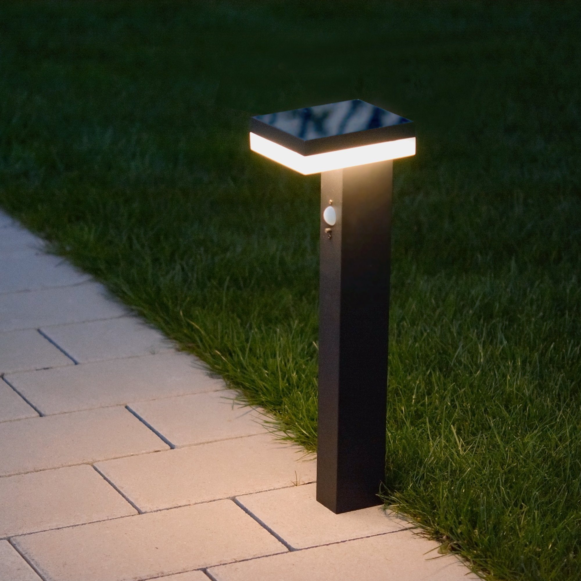 linovum LED Außen-Wandleuchte schwarz verbaut, Bewegungsmelder, LED-Leuchtmittel fest Solar Wegeleuchte verbaut Pollerleuchte mit ANBO LED-Leuchtmittel fest