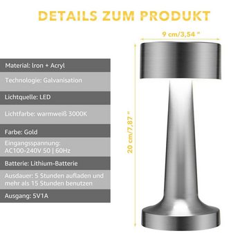 LETGOSPT LED Tischleuchte LED Tischlampe kabellos Akku Tischleuchte Touchfunktion Metall Dimmbar, LED fest integriert, Warmweiß, Naturweiß, Kaltweiß, Tischlampe Kabellos, 3 Lichtfarben, Schreibtischlampe, Tischleuchte