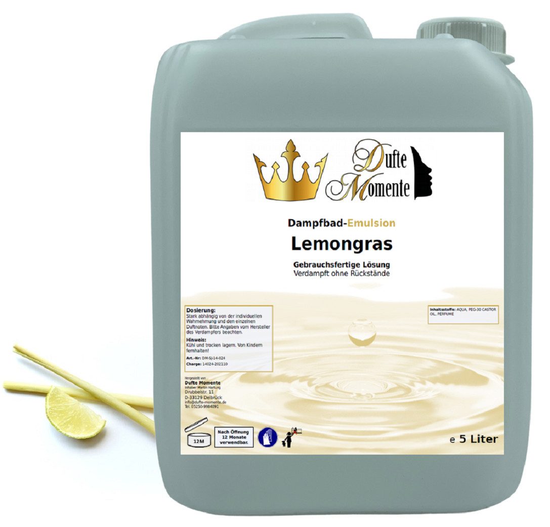Dufte Momente Duftöl Dampfbad Emulsion Lemongras 5 Liter, gebrauchsfertig, vegan und ohne Tierversuche