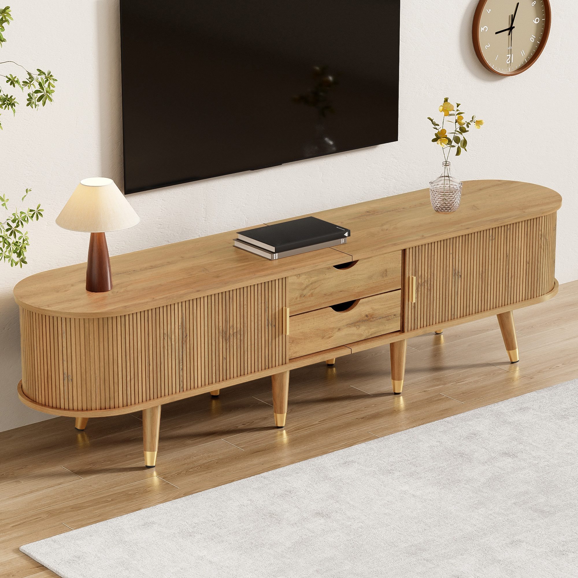 Celya TV-Schrank TV-Möbel, TV-Ständer, niedrigerer Fernsehschrank mit Schiebetüren (mit offenen Fächern, Schubladen und Schrank, natürliches Design) Geeignet für Wohnzimmer