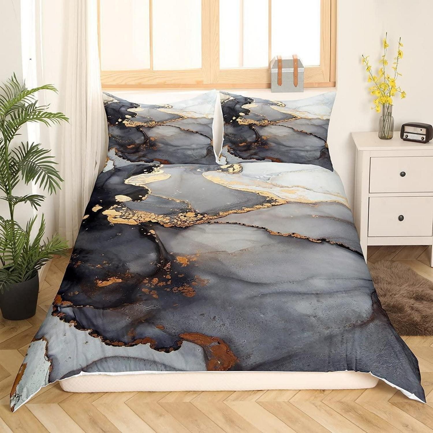 LuxusKollektion Jugendbettwäsche Bettwäsche Set Marmor Schwarz-Gold 135x200