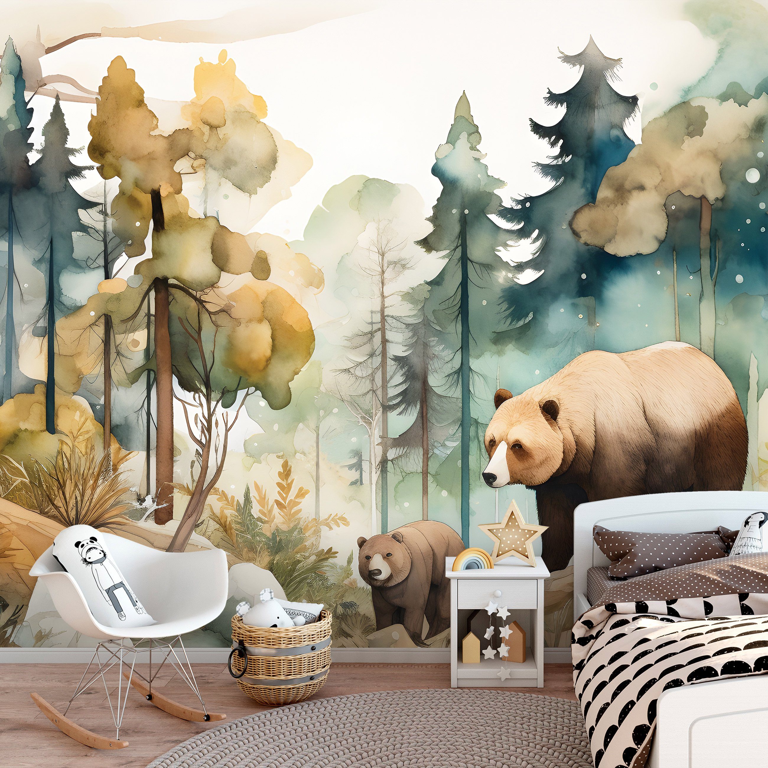 Wallarena Fototapete Kinderzimmer Wald Tiere Bär Aquarell Vlies Tapete Vlie günstig online kaufen