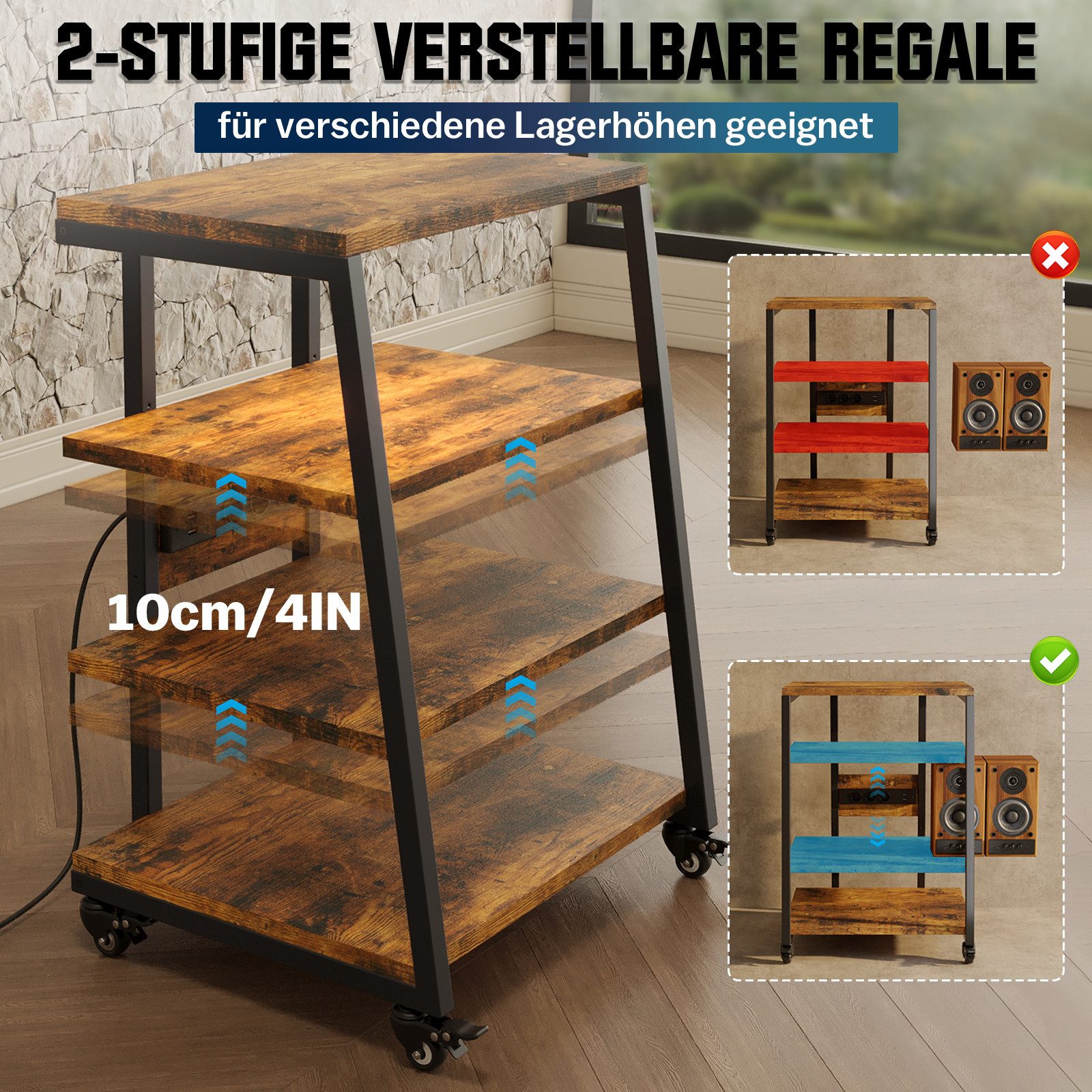 XIIW TV-Rack HiFi Möbel Rack mit LED & Rädern Plattenspieler-Ständer TV-Regal (4 Etagen, 60 x 51 x 85 cm), Media-Regal mit 2 RGB-LEDs per App, Verstellbaren Abl – Bild 3 von 5