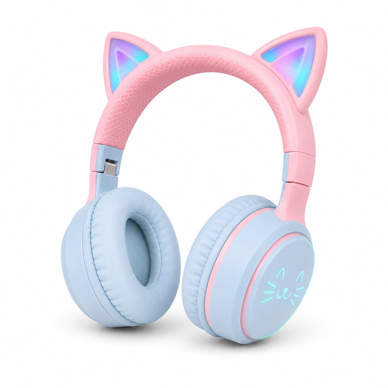 Forrlite Kinderkopfhörer Bluetooth 5.3 mit RGB-Katzenohren, Over-Ear-Kopfhörer Bluetooth-Kopfhörer (kompatibel mit Tablet/Computer/Telefon, 10 Std. Laufzeit, faltbar, TF/SD-Karte, 3,5-mm-Audiokabel, Blau-Rosa)