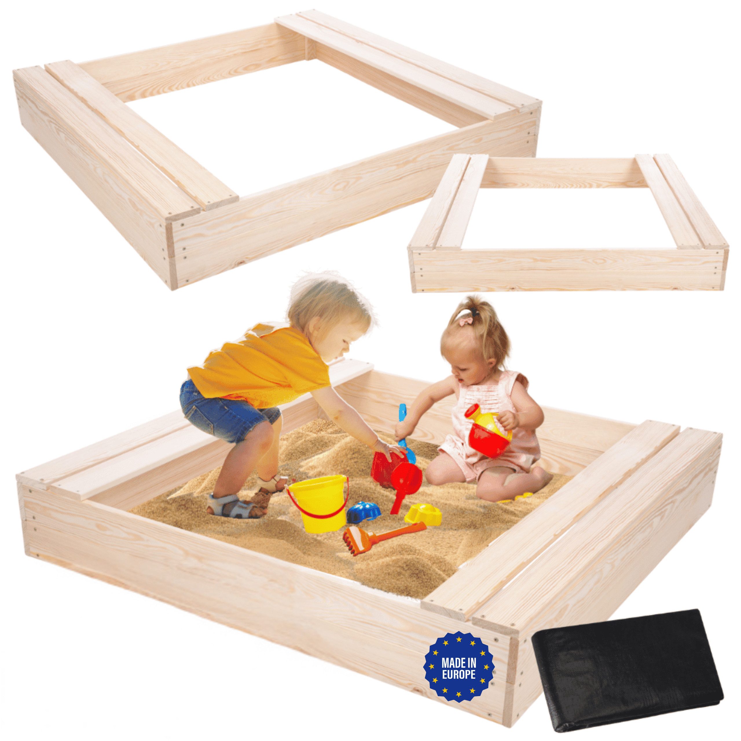 Modo24 Sandkasten Sandkasten mit Sitzbänken, Holzsandkasten, Gartenspielzeug, für Kinder, Sandkasten für Garten, Outdoor Sandkasten mit Bänken
