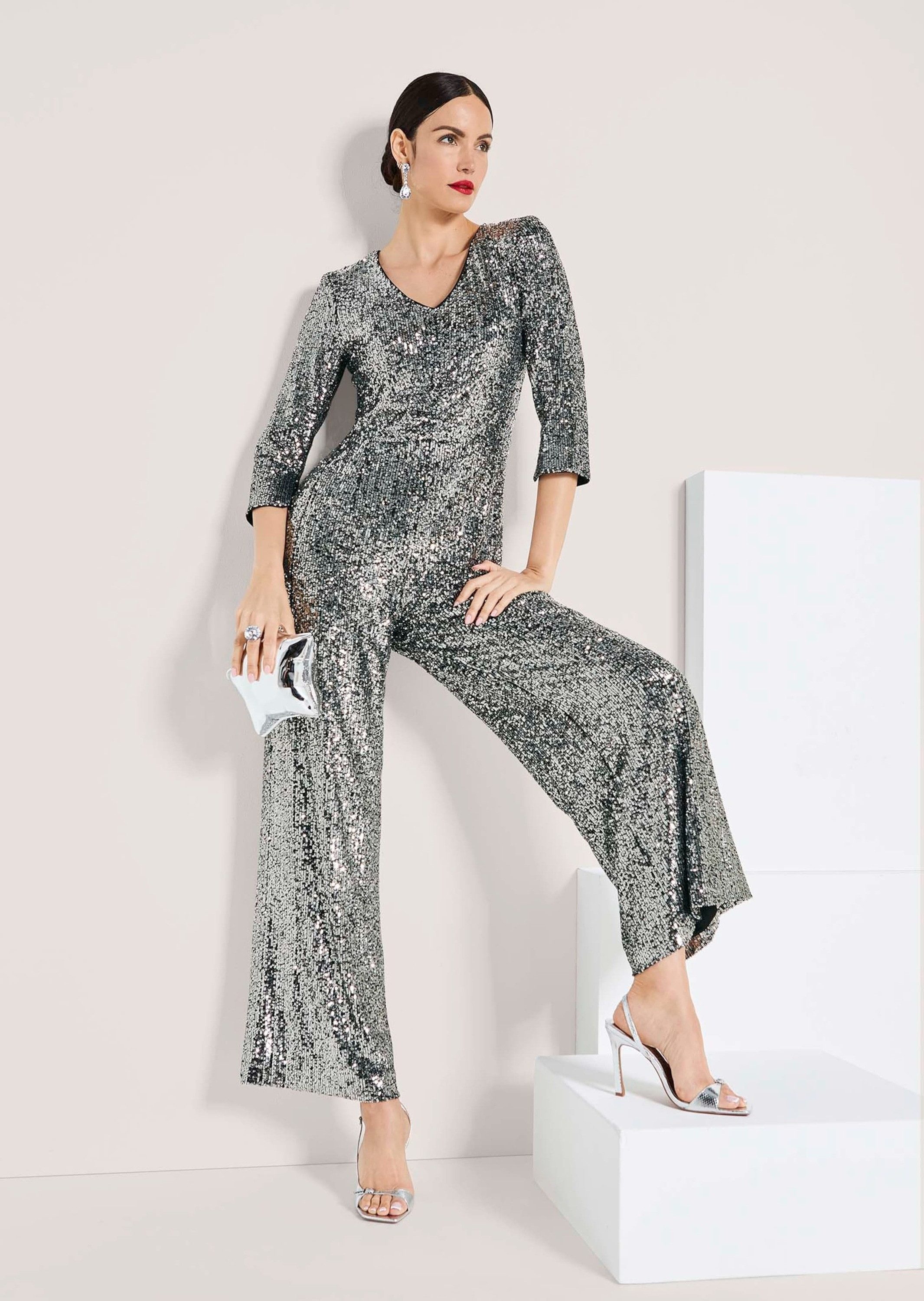 MADELEINE Jumpsuit Eleganter Pailletten-Einteiler Glanzoverall mit V-Ausschnitt, weiten Culotte-Beinen und 3/4-Arm