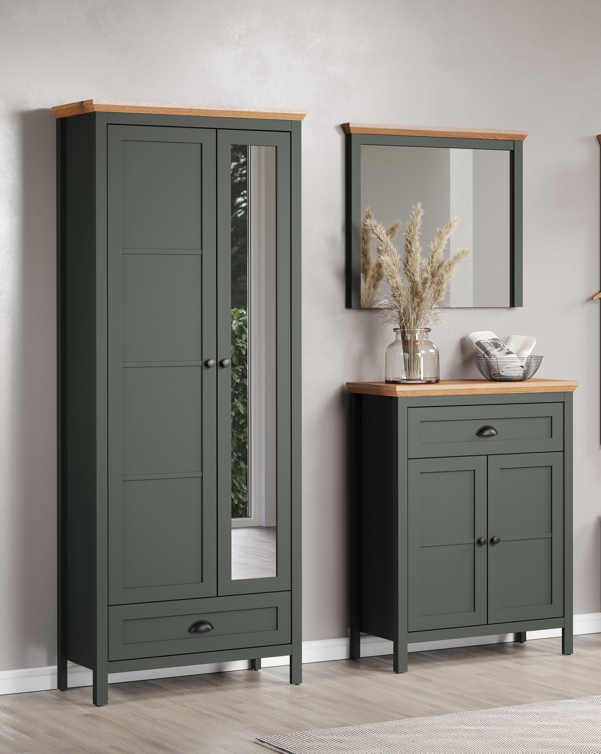 Garderoben-Set in Tannengrün/Eiche mit 2 Schubladen und 6 Türen.