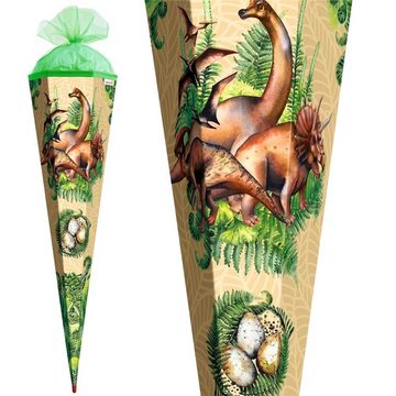 Roth Schultüte Veganosaurus / Dinosaurier, 85 cm, eckig, mit grünem Tüllverschluss, Zuckertüte für Schulanfang