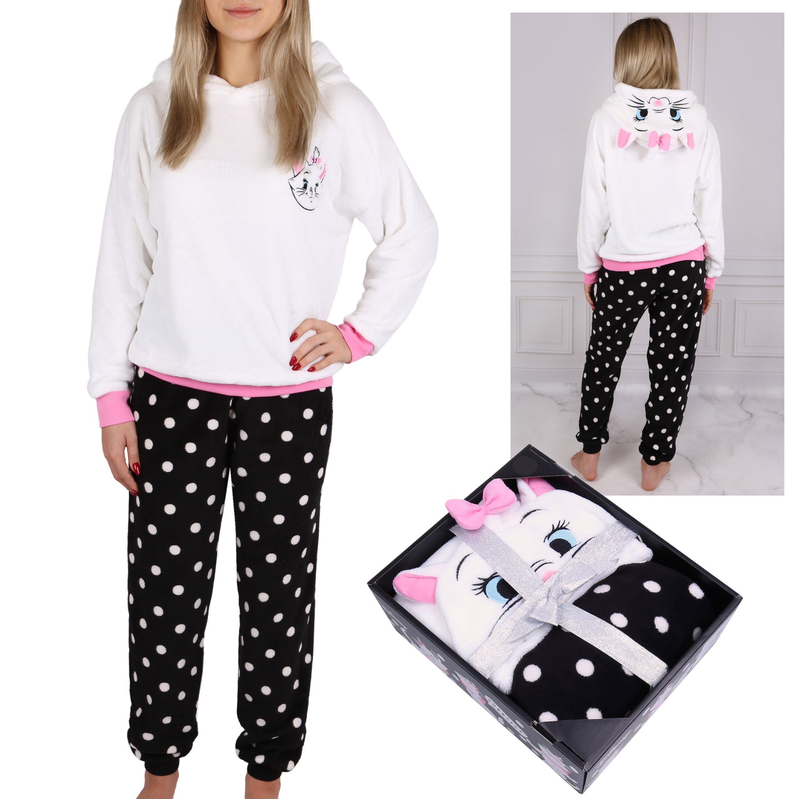 Pyjama Disney Katze Marie Pyjama/Schlafanzug für Damen, warm, weiß-schwarz XS