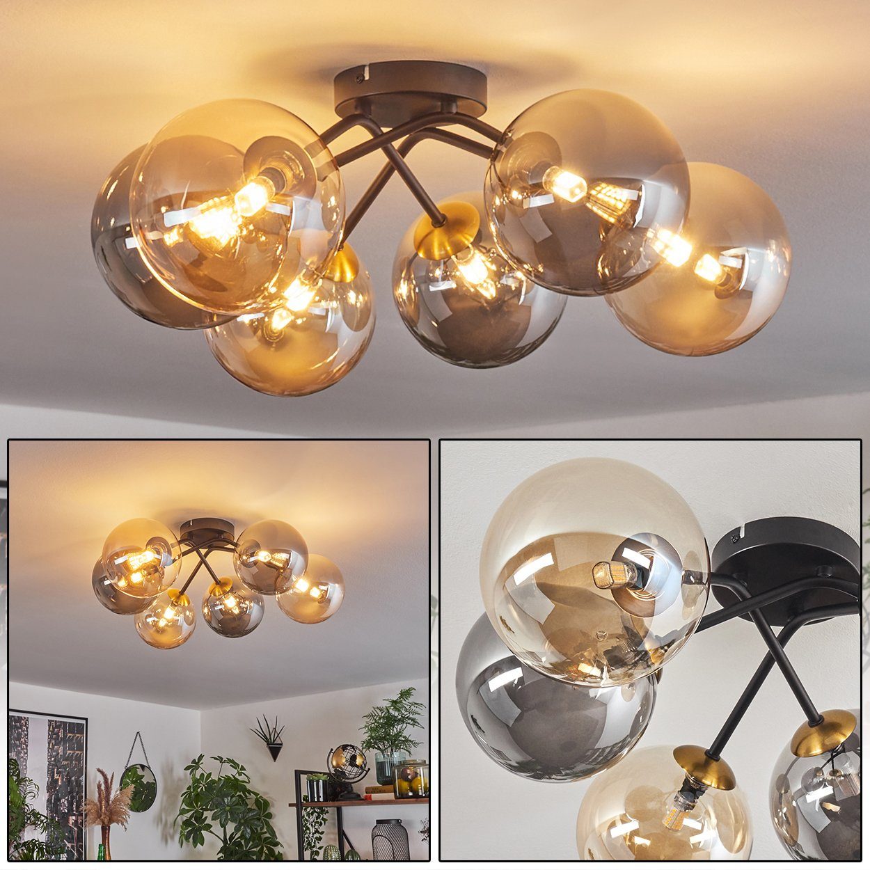 hofstein Deckenleuchte Deckenlampe aus Metall/Glas in Schwarz/Gold-/Rauch-/Bernsteinfarben, ohne Leuchtmittel, moderne Leuchte mit Glasschirmen (15 cm), 6 x G9, ohne Leuchtmittel